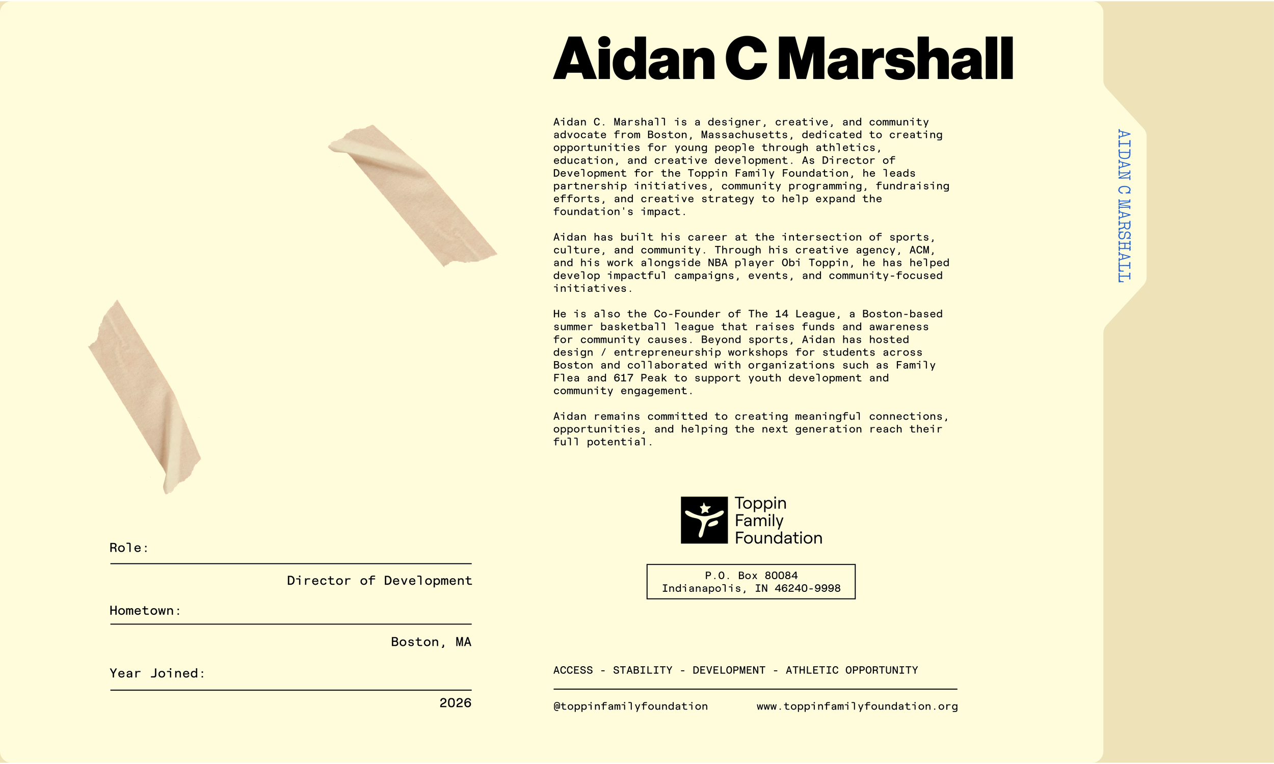 A professional biography page for Aidan C. Marshall with information about his background, career, and contributions to community projects, with a logo of the Toppin Family Foundation at the bottom.