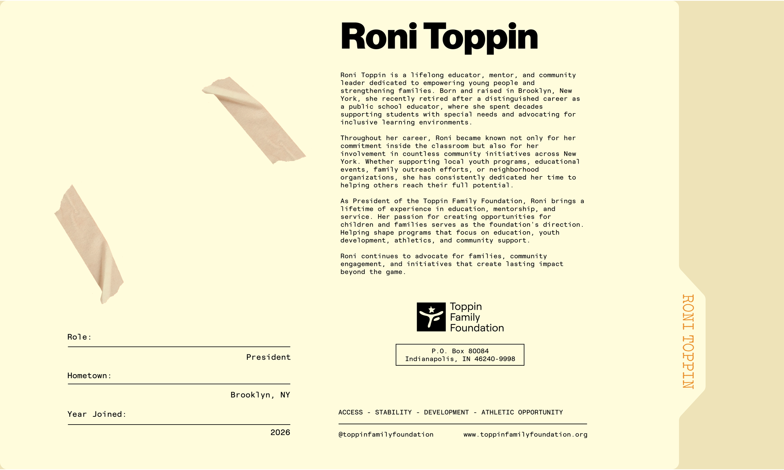 A digital screenshot of a biography or profile page of Roni Toppin, featuring text about her background, career, and community involvement, with a logo of the Toppin Family Foundation and decorative tape pieces on a light yellow background.