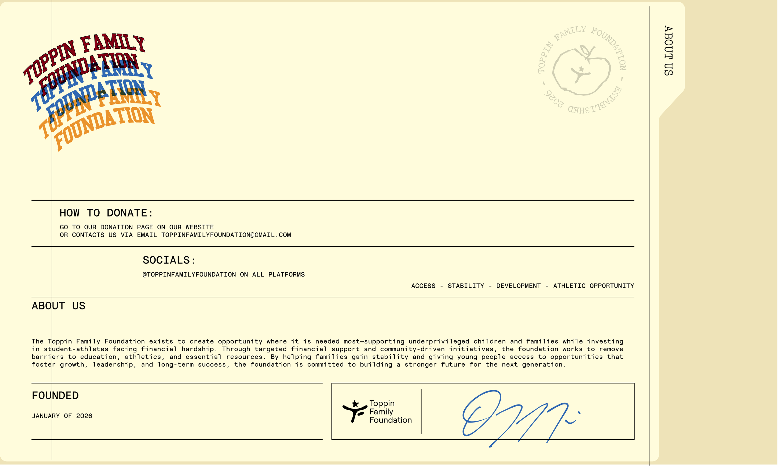 A donation check with the logo of Toppin Family Foundation, which supports educational, athletic, and community initiatives for underprivileged children and families. The check is dated January 2026 and includes instructions for donation via website or email, along with social media handles.