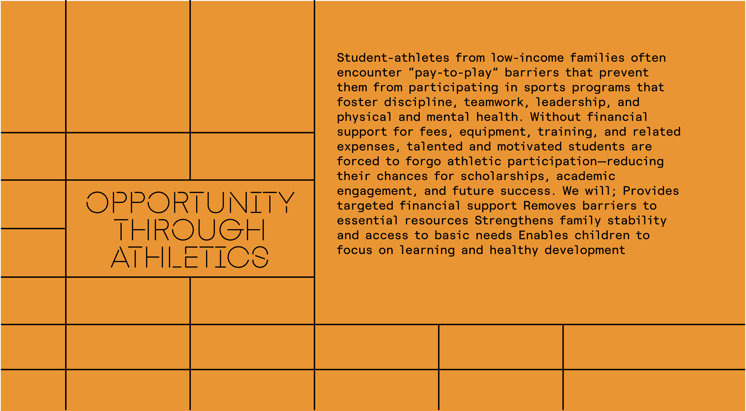The image shows an orange background with black grid lines and black text about the importance of sports programs for student-athletes from low-income families, including their challenges and the support needed for their success.