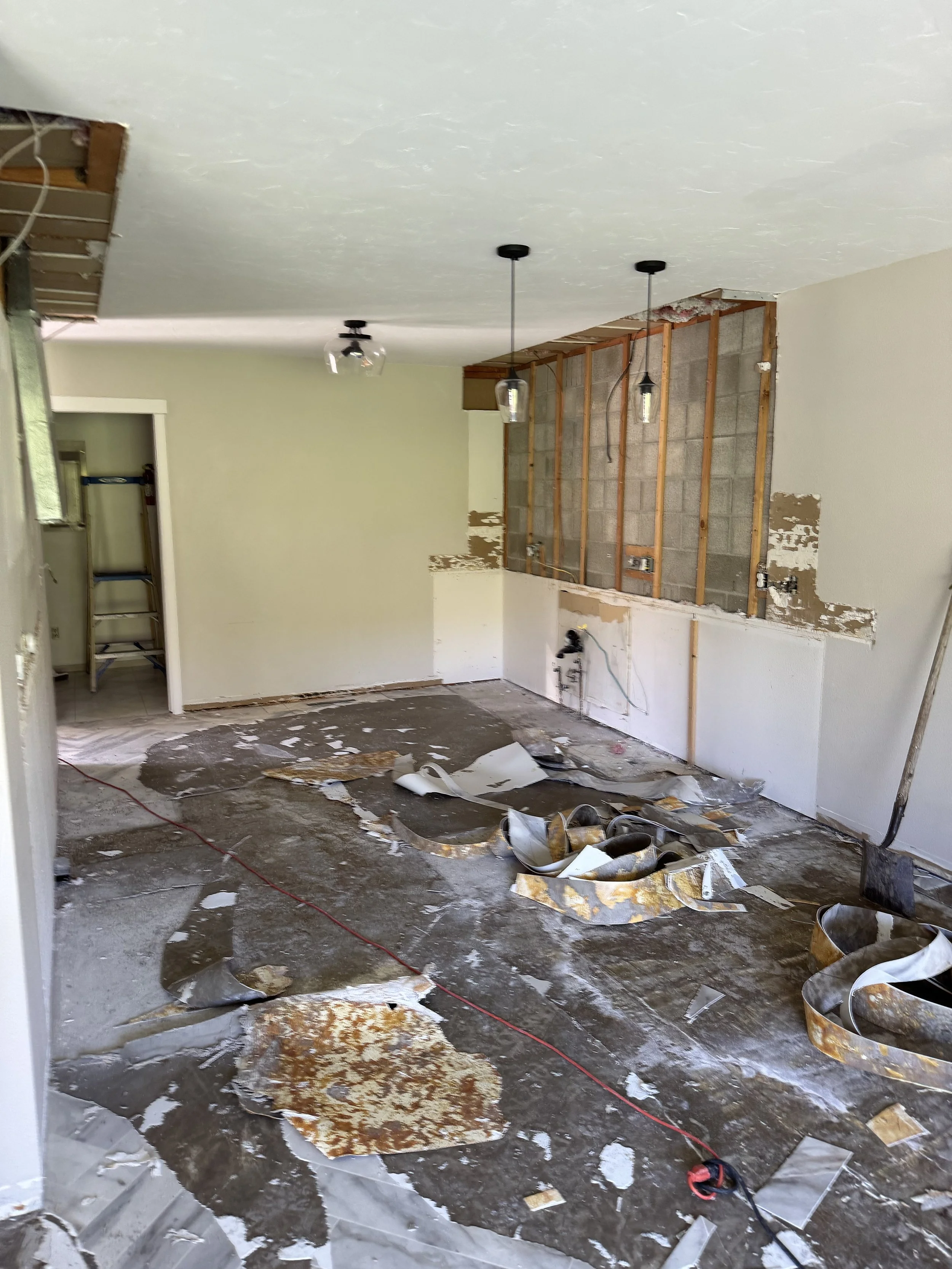 Kitchen cabinets removed and linoleum being removed.