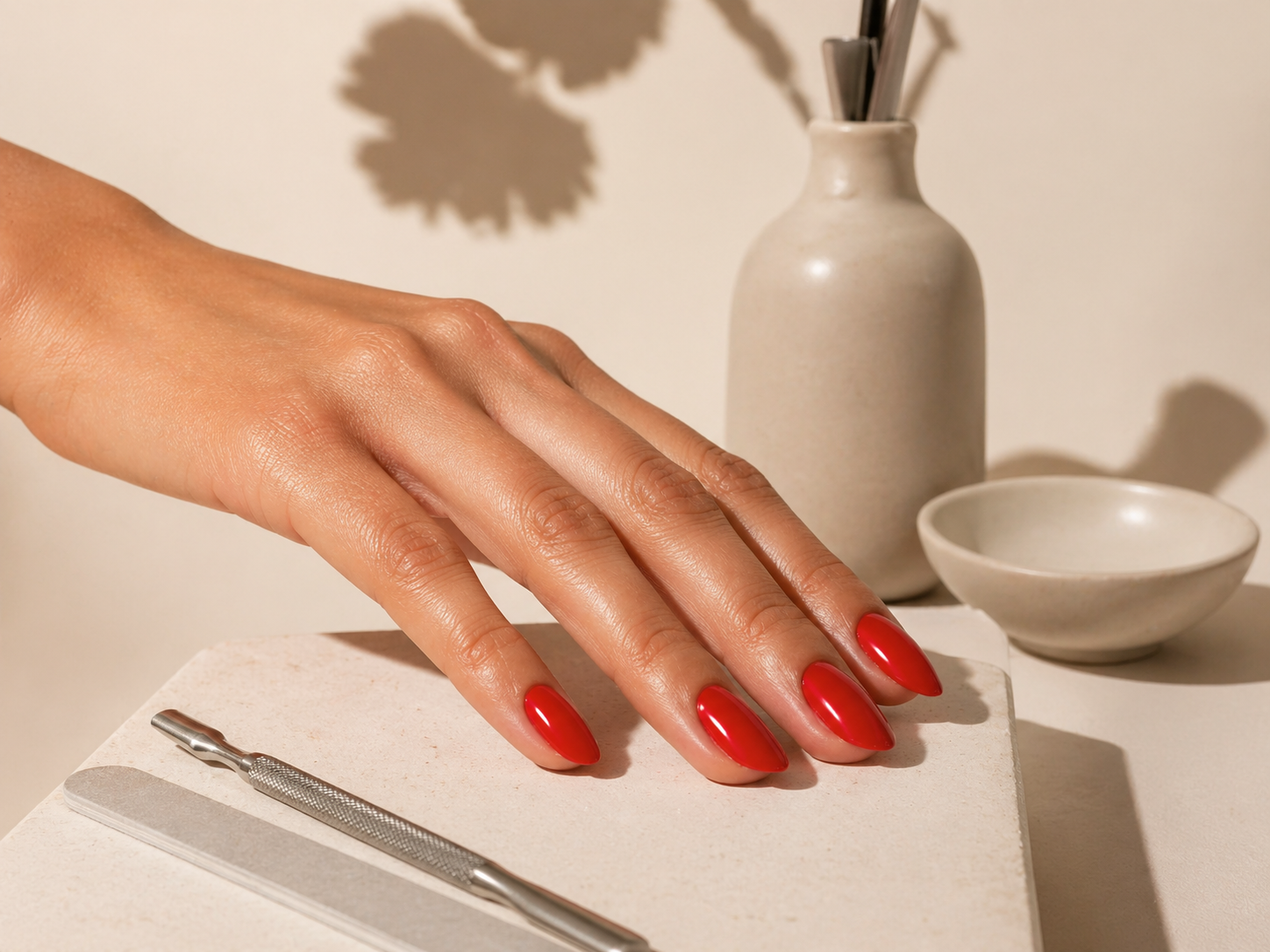 Hand showing structured manicure with red nail polish. Service by Salon 2 You Lakewood Ohio