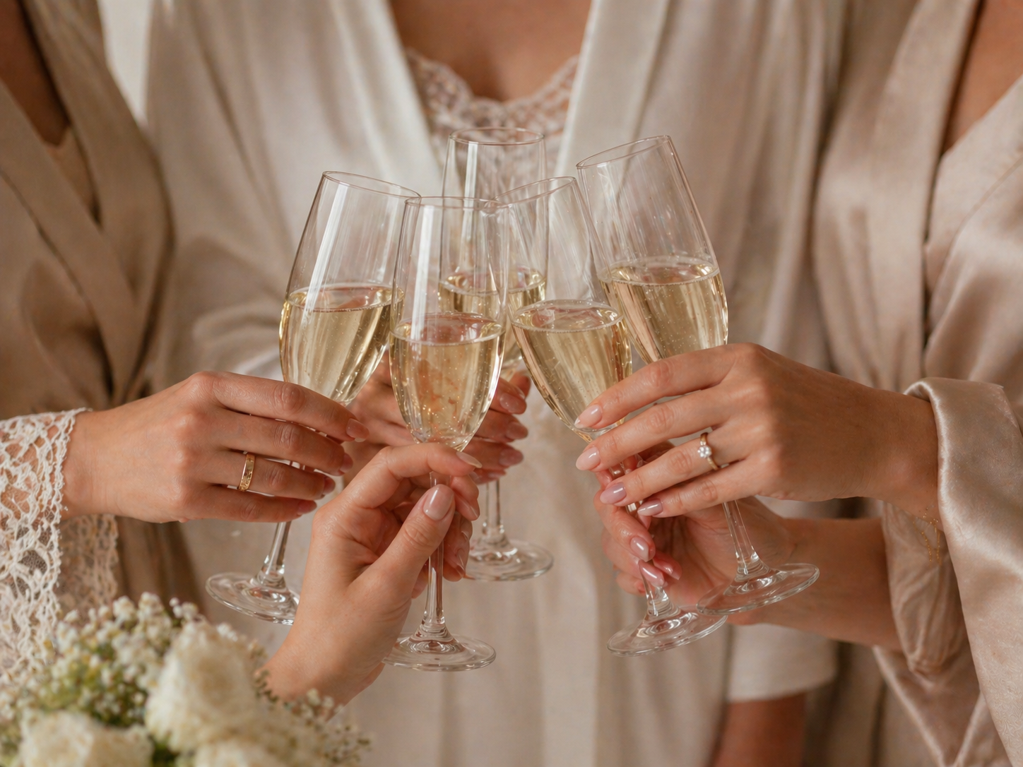 Bridesmaids celebrating with champagne before a wedding while showing neutral luxury manicures by Salon 2 You mobile nail services in Cleveland Ohio.