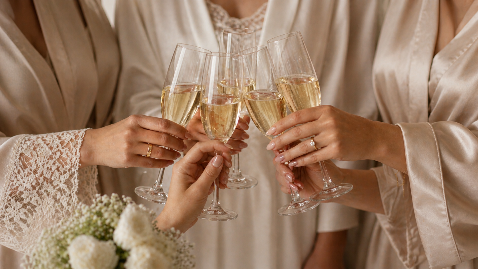 Bridal party celebrating with champagne before a wedding featuring luxury manicures by Salon 2 You nail salon in Lakewood Ohio.