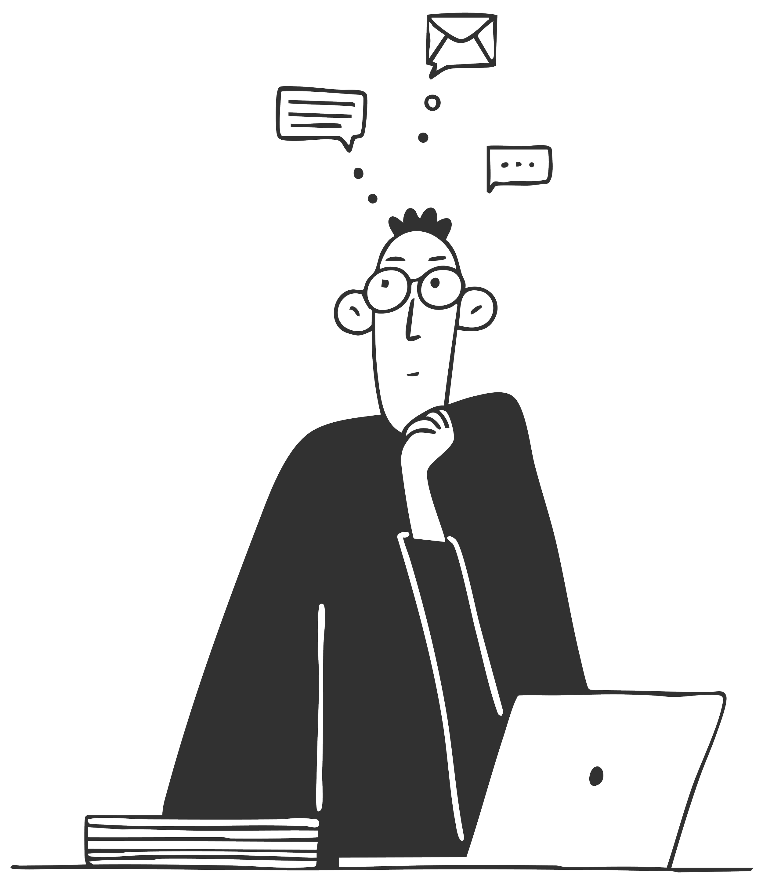 Line drawing of a person sitting at a desk with speech bubbles and mail icons around their head.