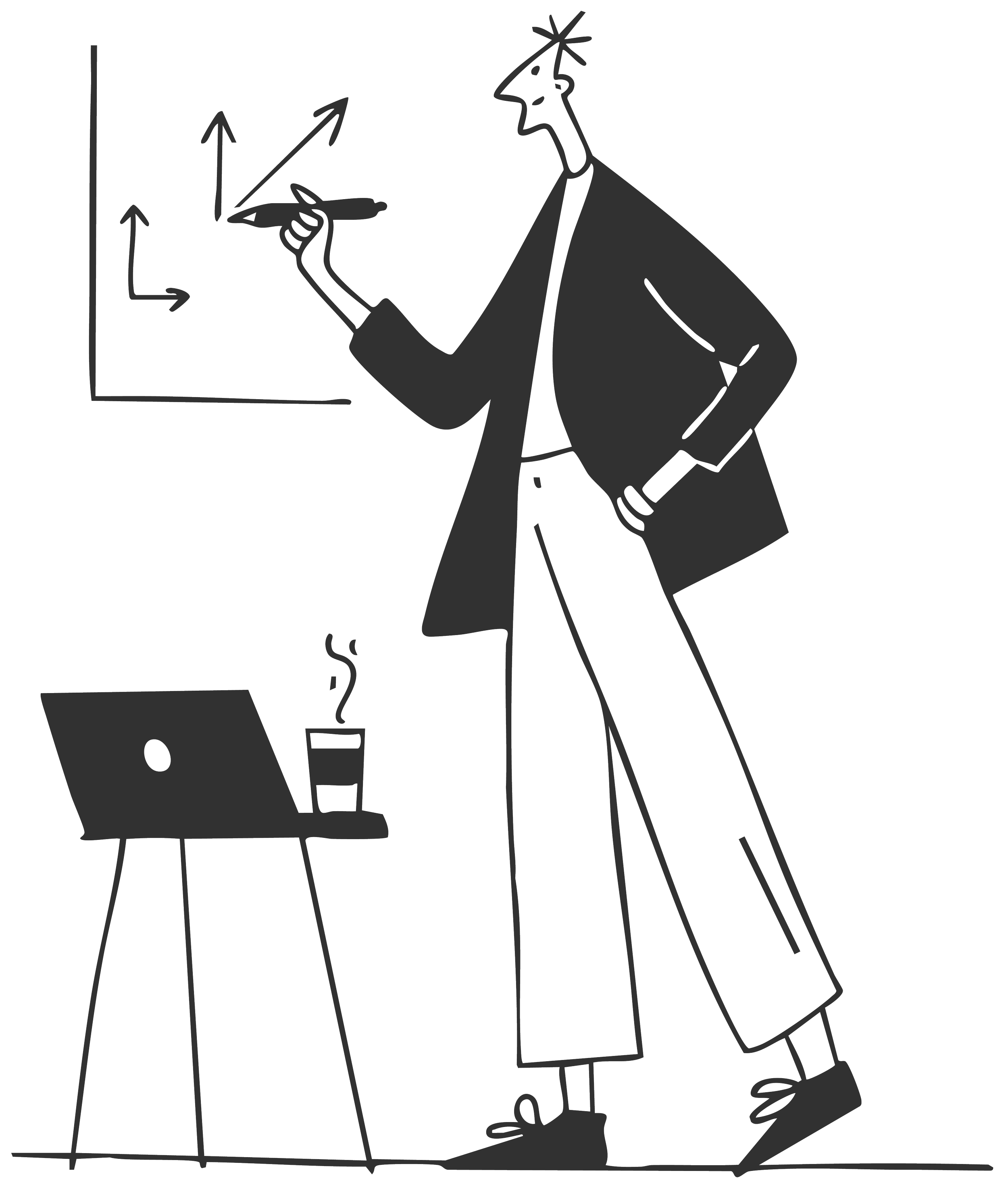 A drawing of a person in business attire, holding a pen and pointing at a graph on a board, discussing a plan, with a cup of coffee and a laptop on the table.