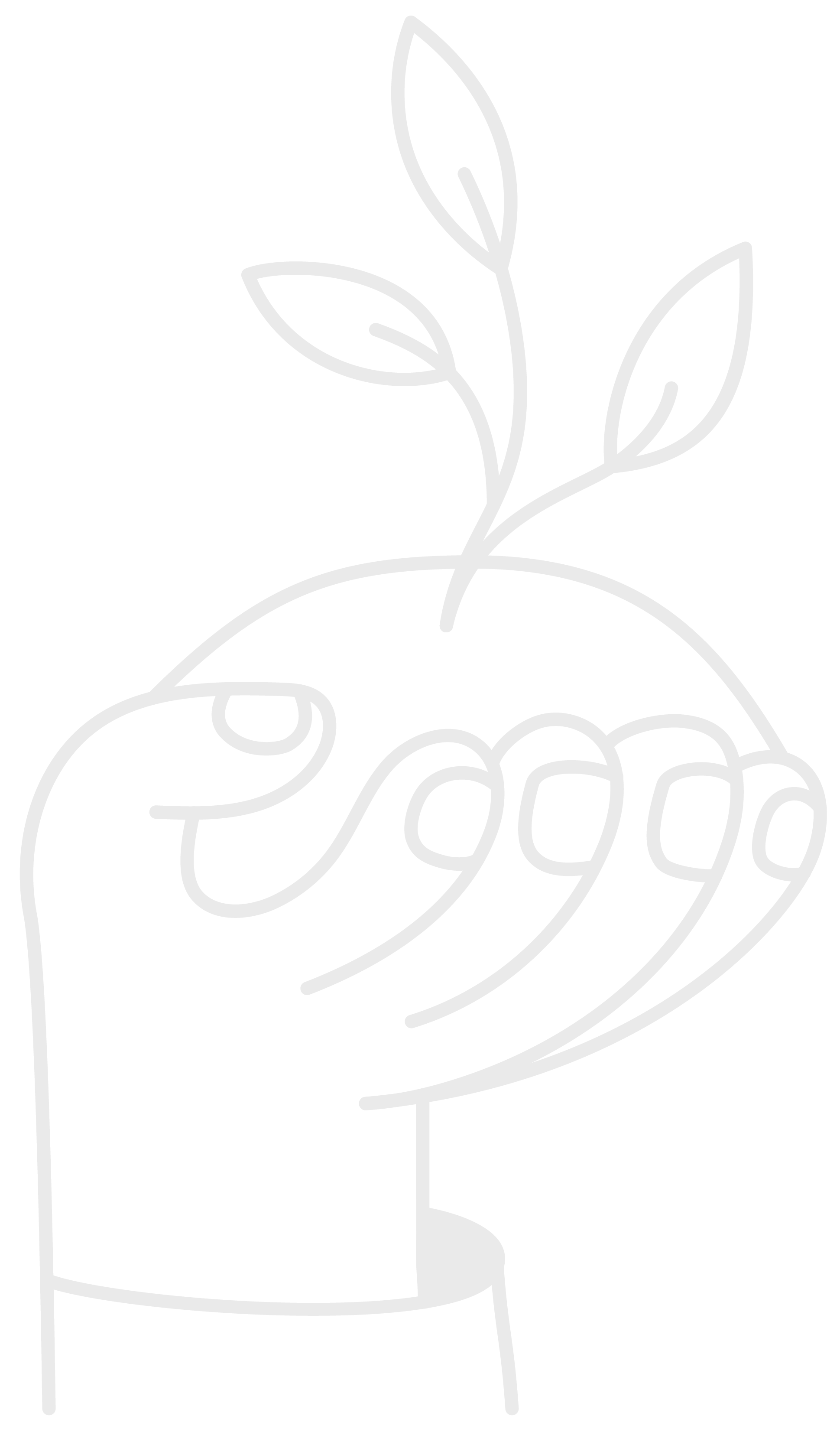 Line drawing of a hand holding a small planter with a sprouting plant.
