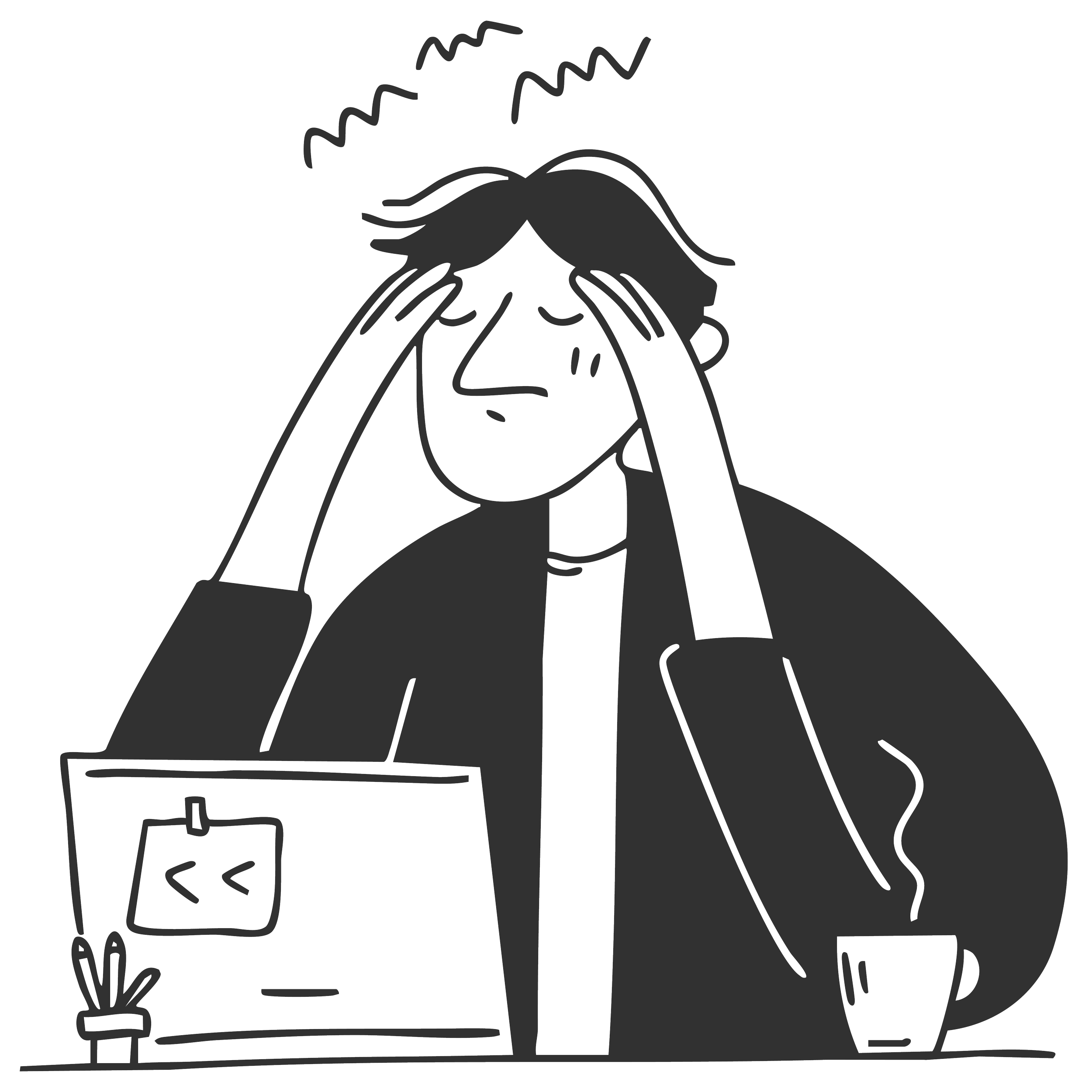Line drawing of a person rubbing their temples with eyes closed, with zigzag lines above her head indicating confusion or stress; the person has wavy hair and is wearing a blazer, and there is a potted plant and a cup on the table in front of her.