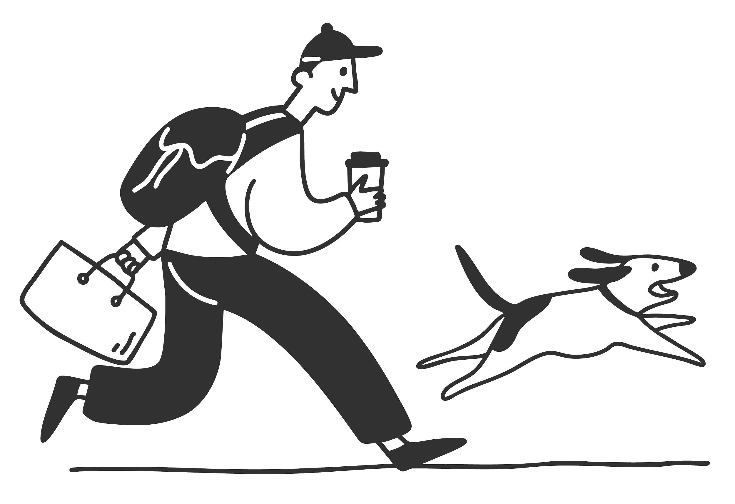 Line drawing of a person walking a dog with a leash, holding a coffee cup and a briefcase.