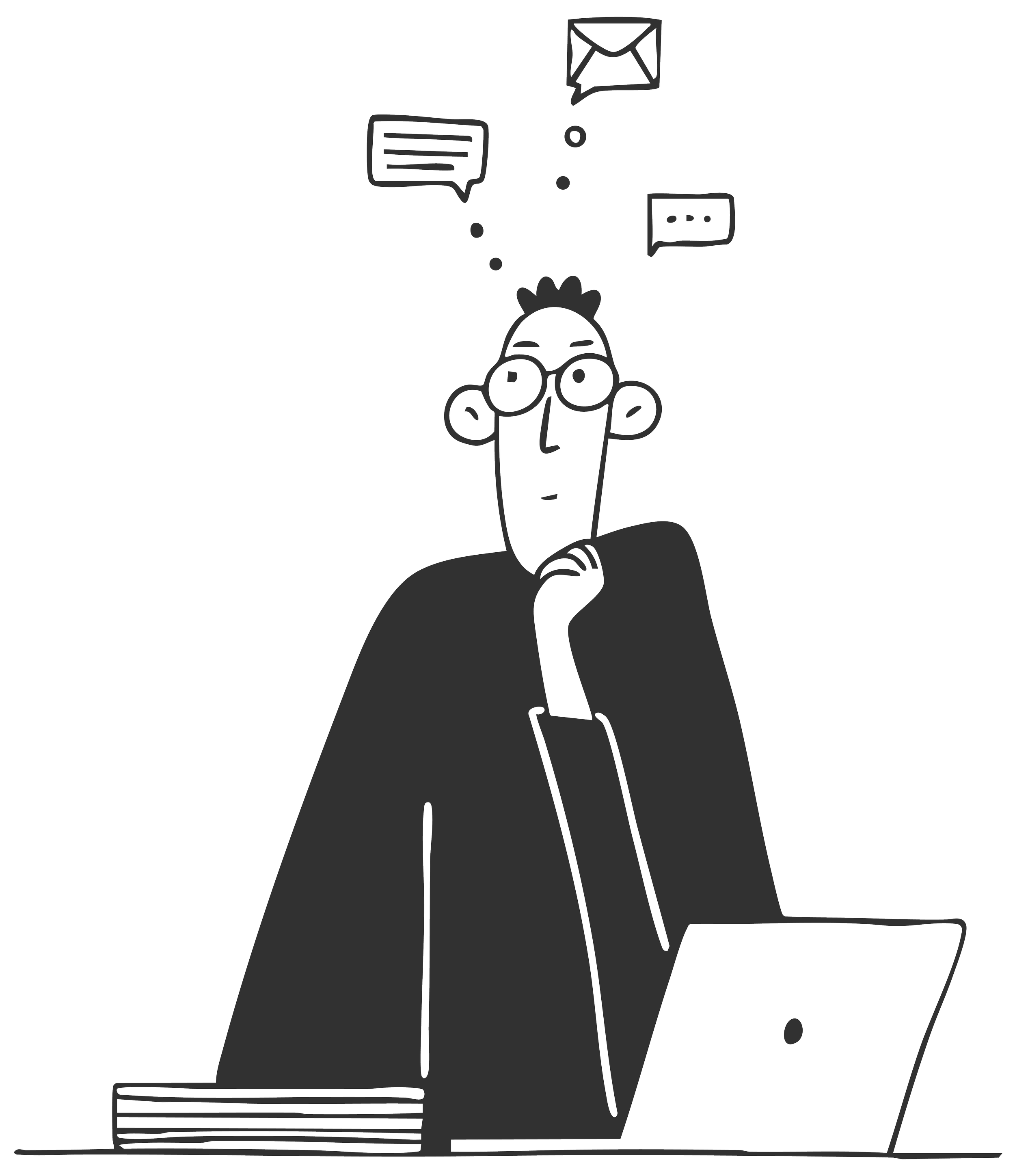 Outline drawing of a person sitting at a desk with a laptop, with speech bubbles and an email icon above
