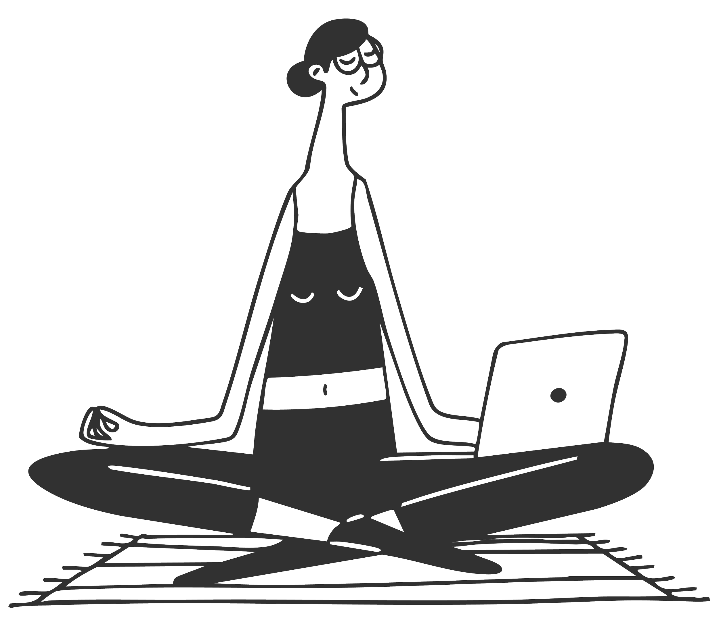A woman in yoga clothes sitting cross-legged on a small mat with a laptop balance on one knee.