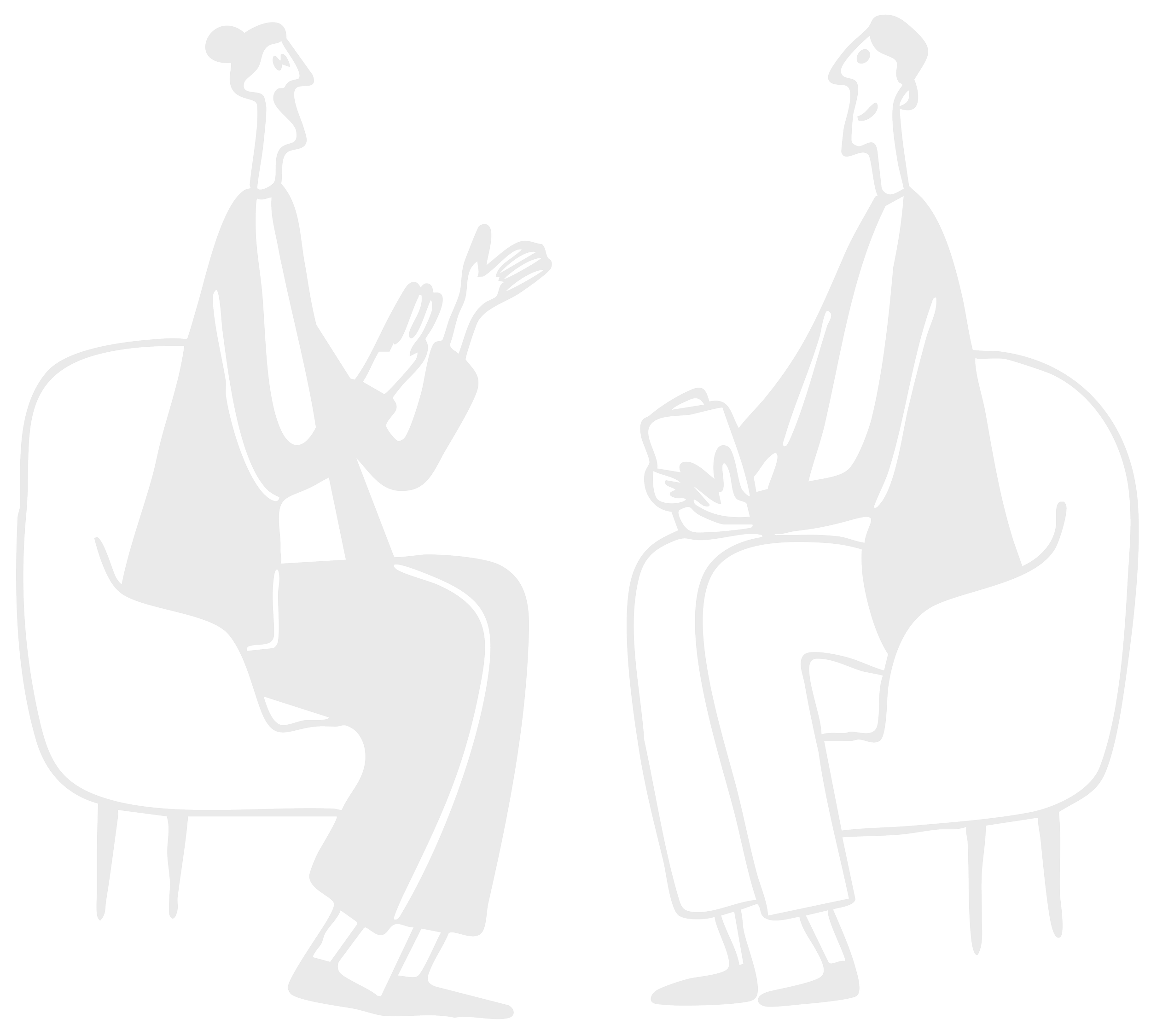 Back and white digital drawing of two women seated and talking to each other.