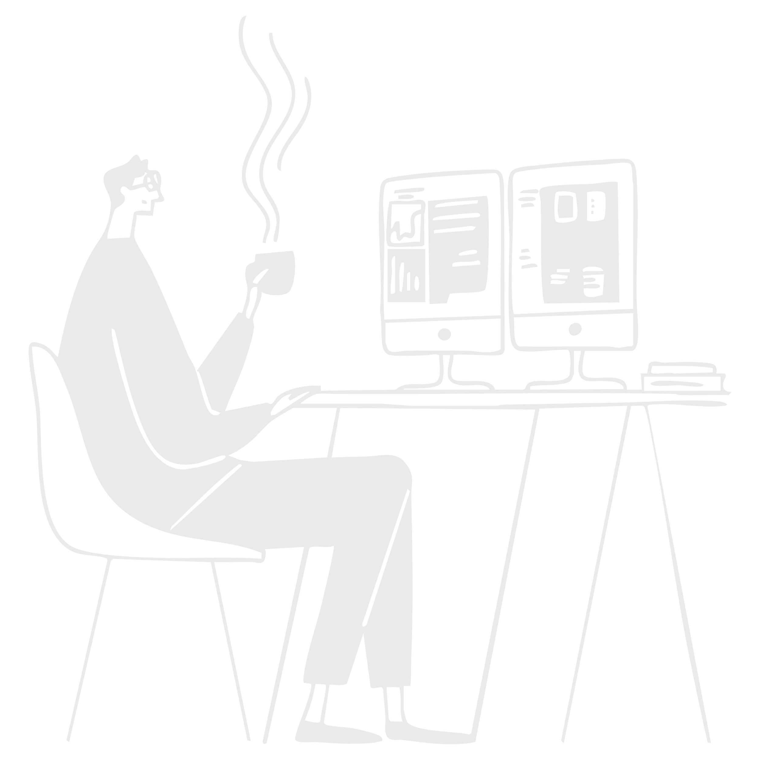 Line drawing of a person with short hair, wearing glasses, sitting at a desk, holding a smartphone, with two computer monitors in front of them.