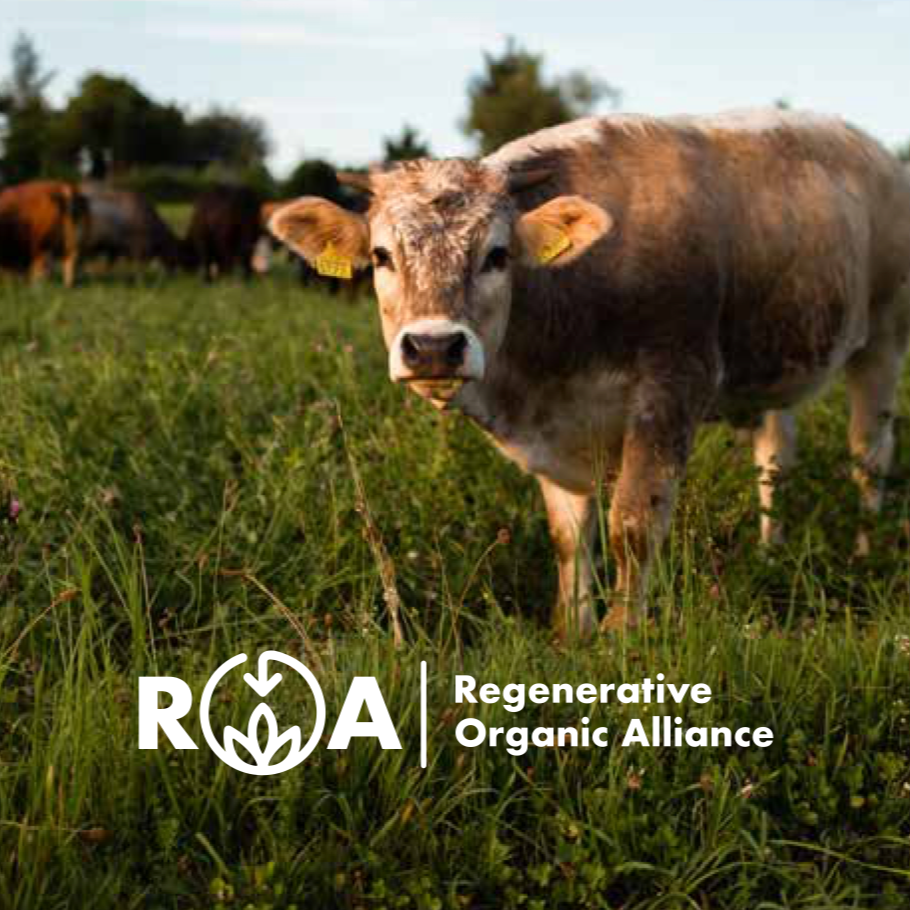 A cow standing in a grassy field with trees in the background, with a logo and text overlay that reads 'ROA Regenerative Organic Alliance.'