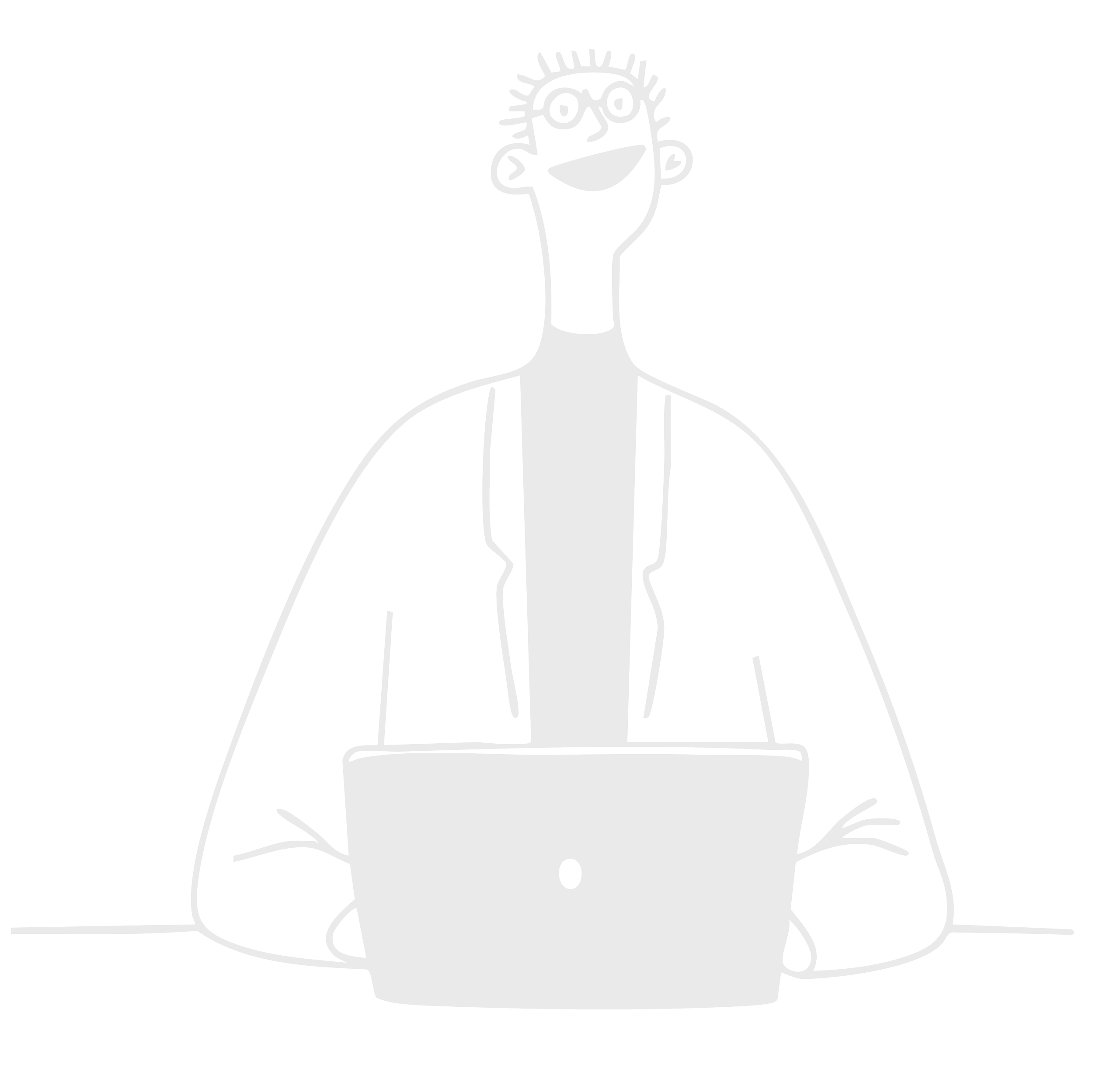 Black-and-white digital drawing of a smiling person using a laptop.