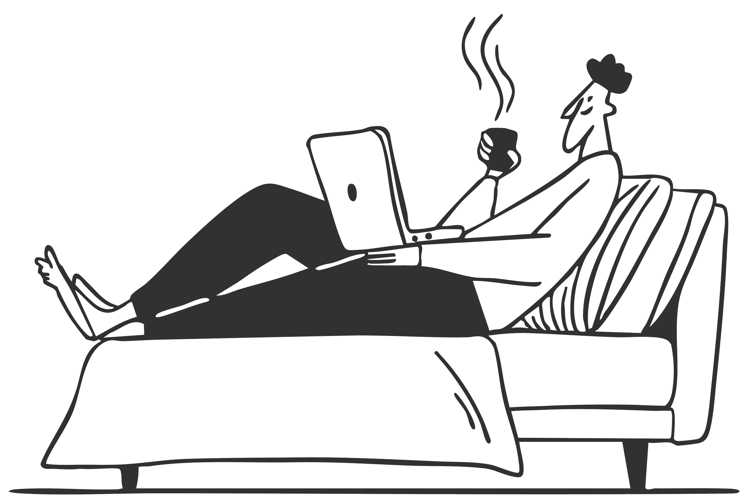 Black and white line drawing of a person lying on a bed, looking at their laptop, holding a mug, with steam rising from it.