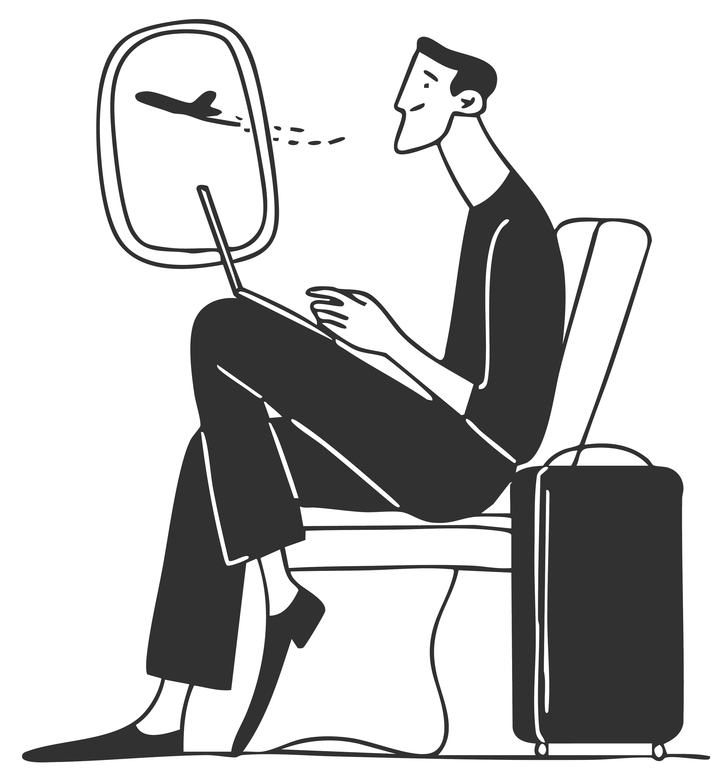 A person sitting in a chair looking at a computer monitor, with one hand on the keyboard and the other hand on a mouse, in a minimalist black and white line drawing style.