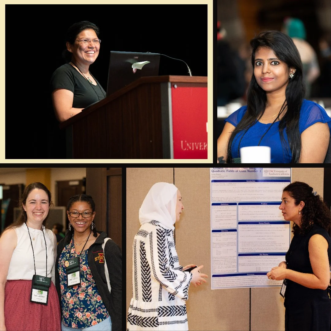 Collage of four women at a conference or academic event: a woman with glasses speaking at a podium, a woman with long black hair in a blue dress, two women smiling together with conference badges, and two women engaged in discussion in front of a res