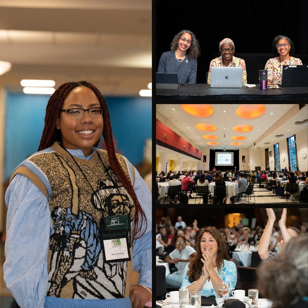 Group of women attending a conference, including a woman with braided hair and glasses in the foreground, women speaking at a panel, an audience in a large hall watching a presentation, and women enjoying a meal at a conference event.