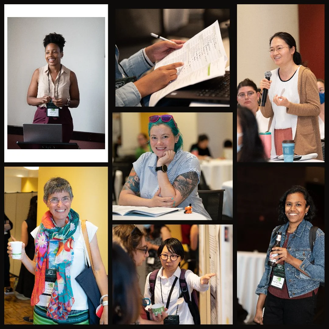 Collage of women at a conference or seminar, some speaking, others listening and networking, in various indoor settings.