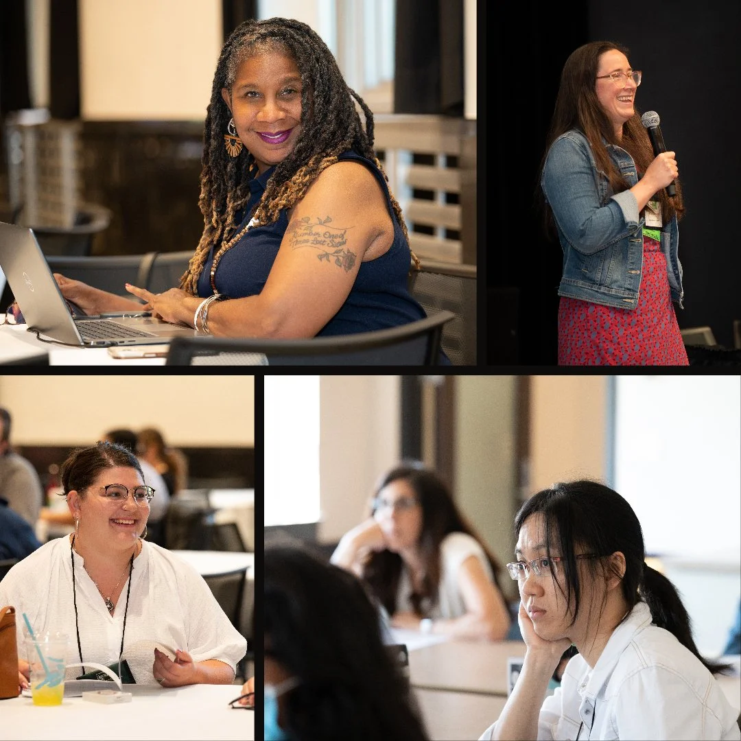Collage of four women at a conference or workshop. Top left: Woman with dreadlocks smiling at the camera, sitting with a laptop. Top right: Woman with glasses holding a microphone, speaking on stage. Bottom left: Woman with glasses and white top, smi