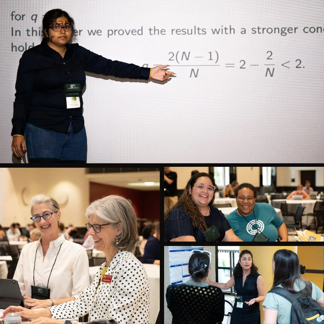 A woman in black shirt and jeans is pointing at a slide projected on a screen that displays a mathematical inequality involving N. She is wearing glasses and a conference badge. In the smaller photos below, women are engaged in discussions in confere
