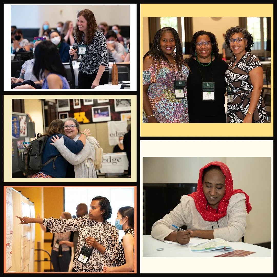 Group of diverse women at conference, engaging in various activities like speaking, socializing, presenting, and writing.