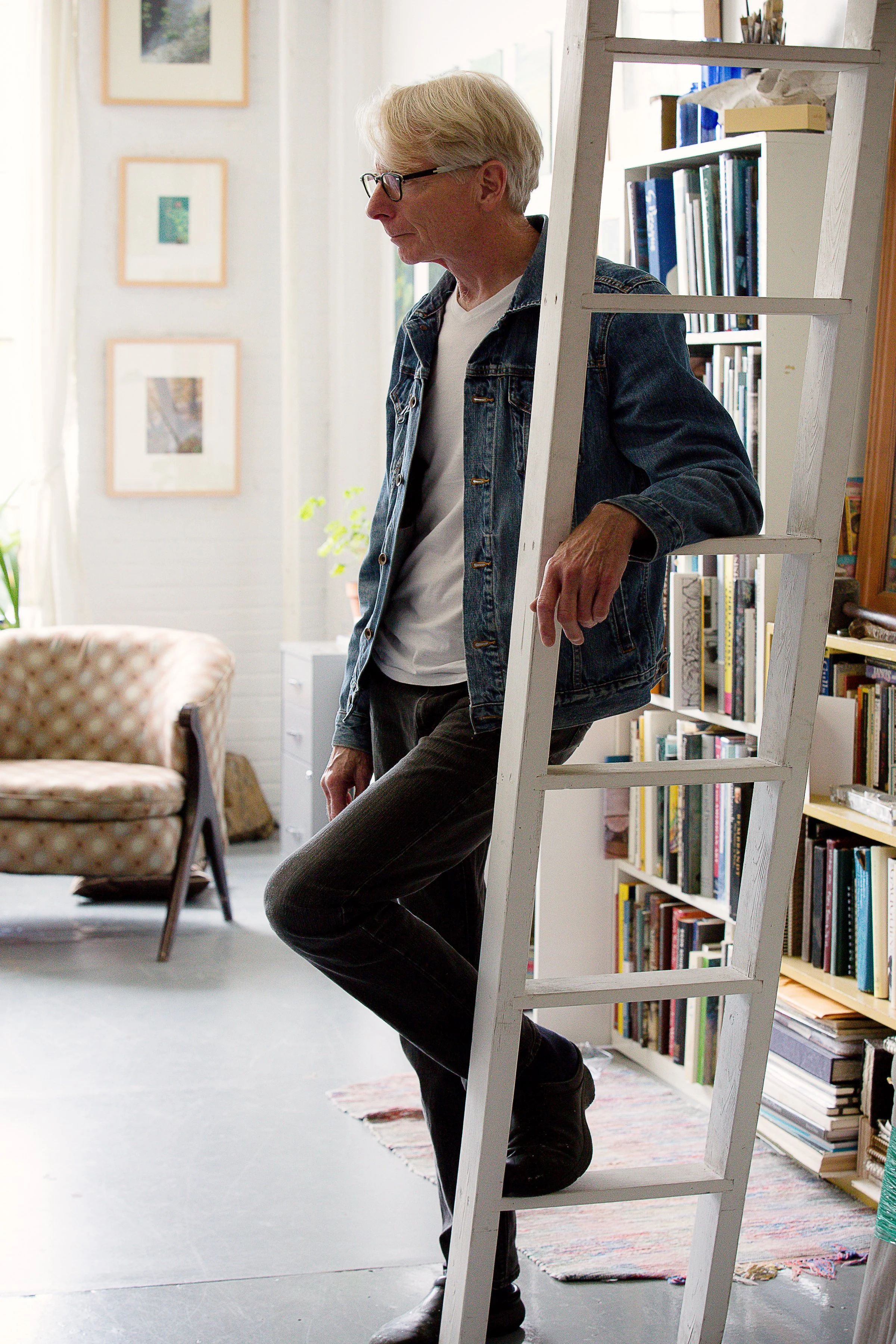 A man with glasses leaning on a white ladder, standing in front of a bookshelf in a cozy, well-lit living room with artwork on the wall.