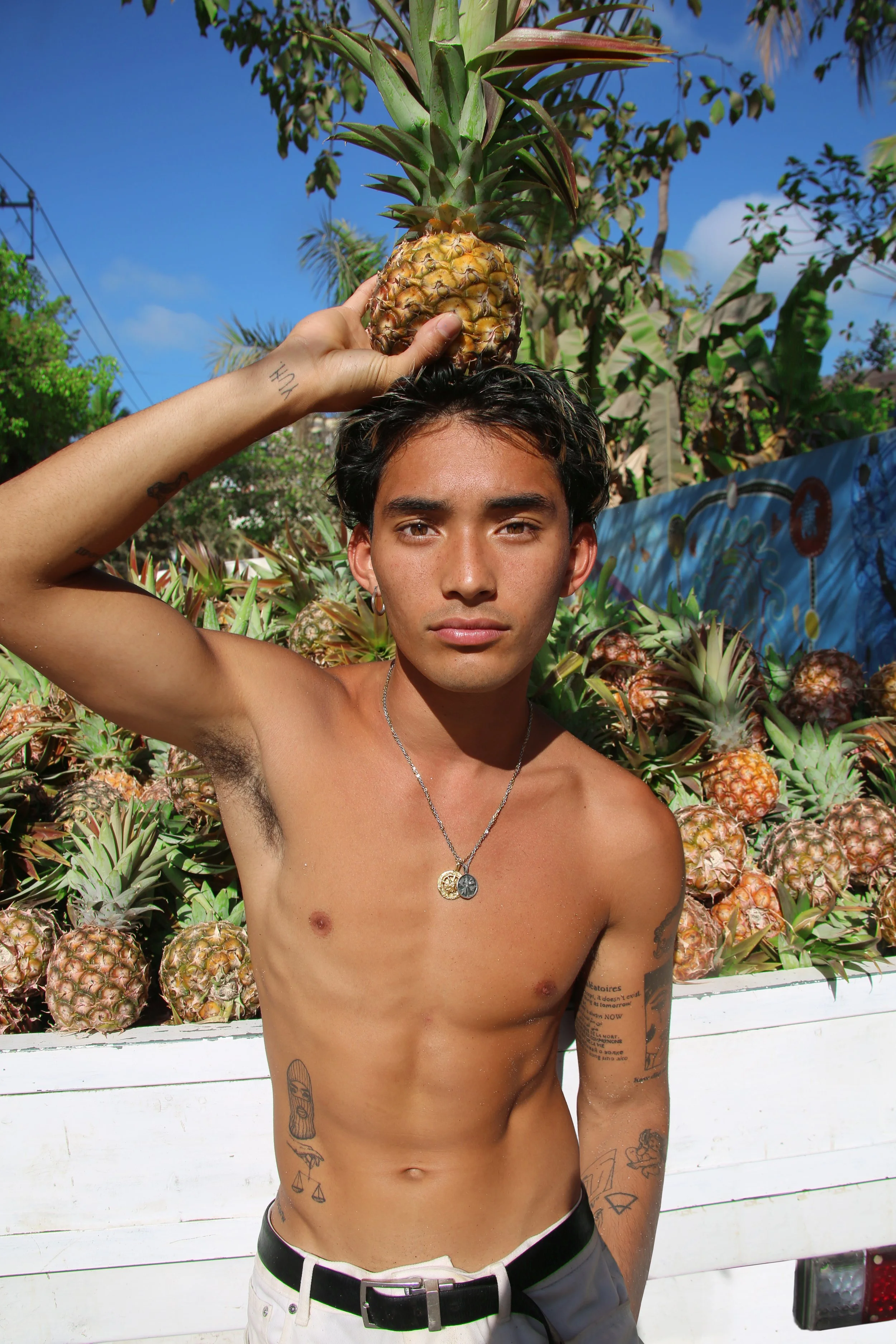 A shirtless young man with dark hair and tattoos on his arms and torso stands outdoors in front of a display of pineapples and tropical plants, holding a pineapple on his head, with a blue sky in the background.