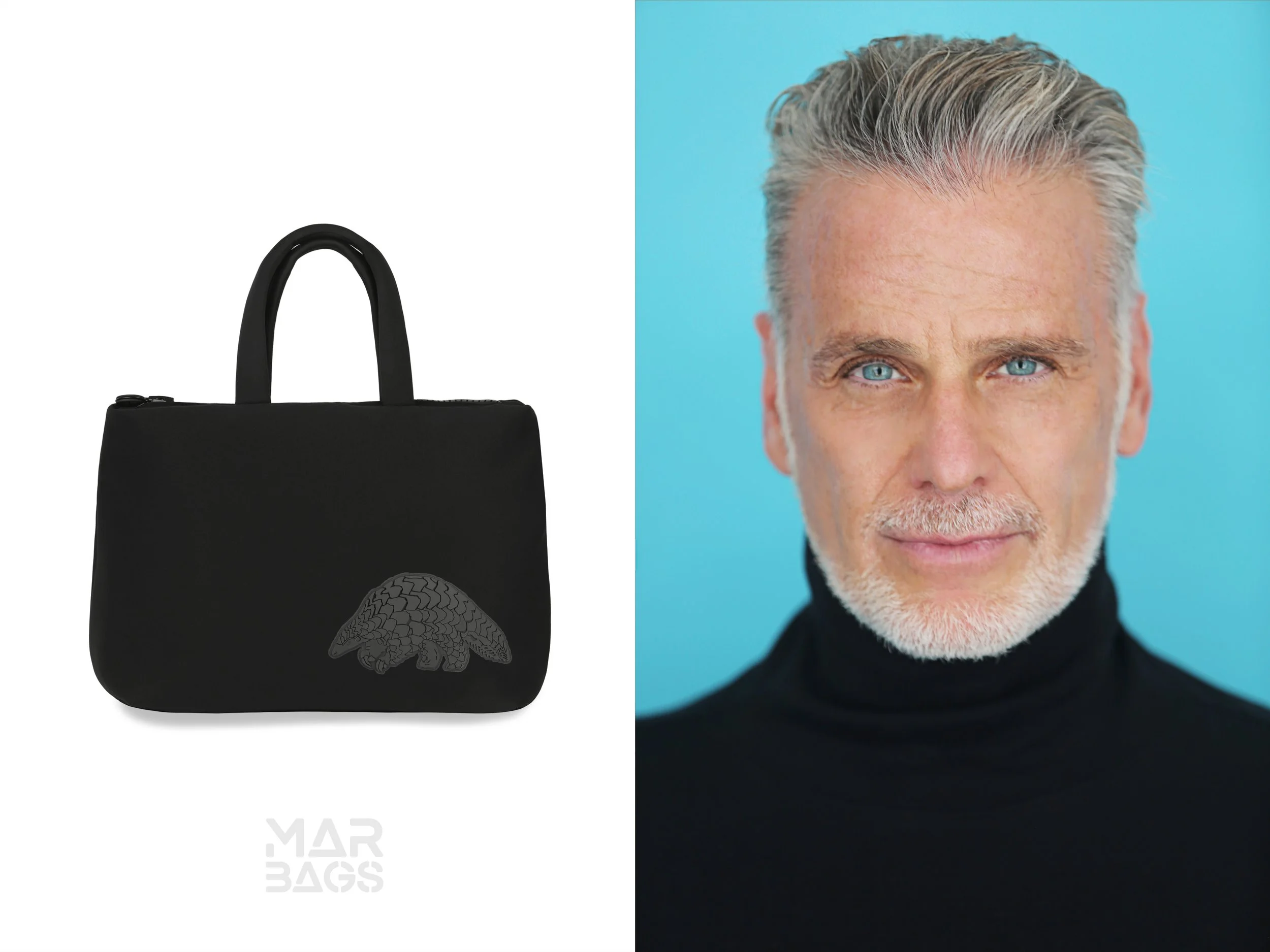 The image is split into two parts. On the left, there's a black tote bag with a radial maze design on the front. On the right, there's a close-up of an older man with blue eyes, gray hair, and a beard, wearing a black turtleneck against a blue backgr