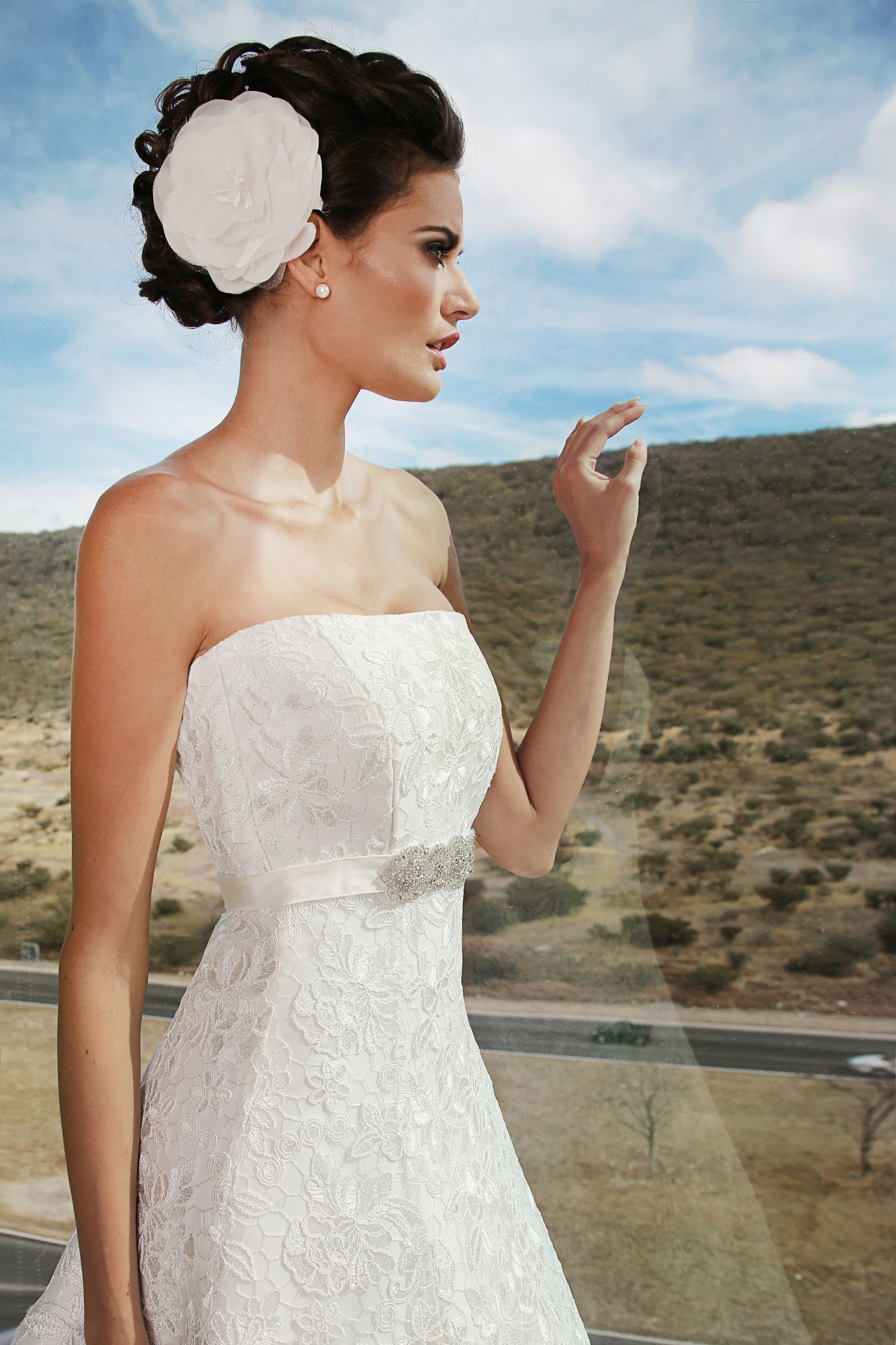 A woman in a white strapless wedding dress with floral lace pattern and a decorative belt, standing in front of a landscape with hills and a partly cloudy sky.