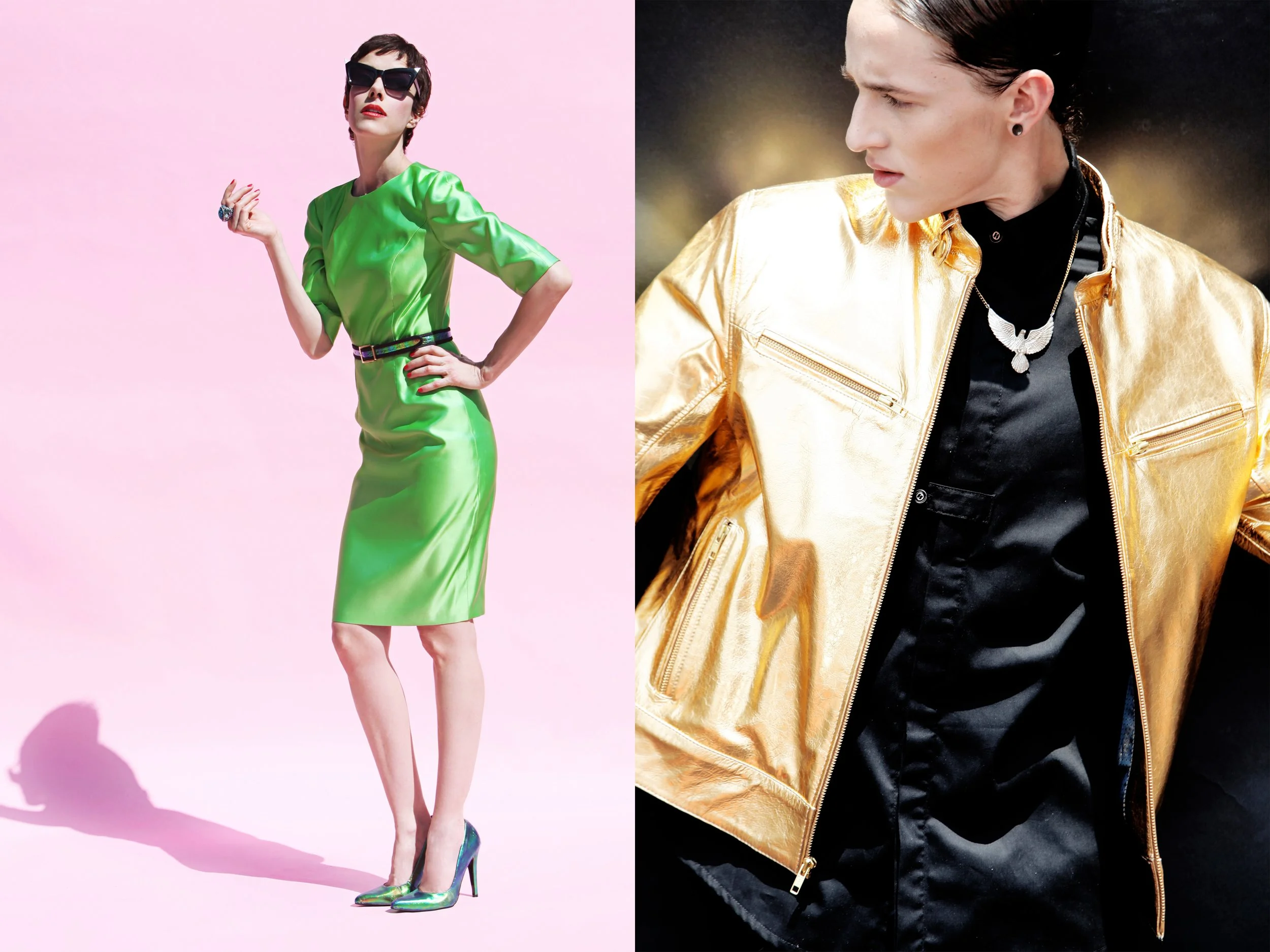 A woman with short dark hair wearing large black sunglasses, a shiny lime green dress, a black belt, and metallic high heels. Another person with dark hair slicked back wearing earrings and a gold jacket over a black shirt with a chevron eagle neckla