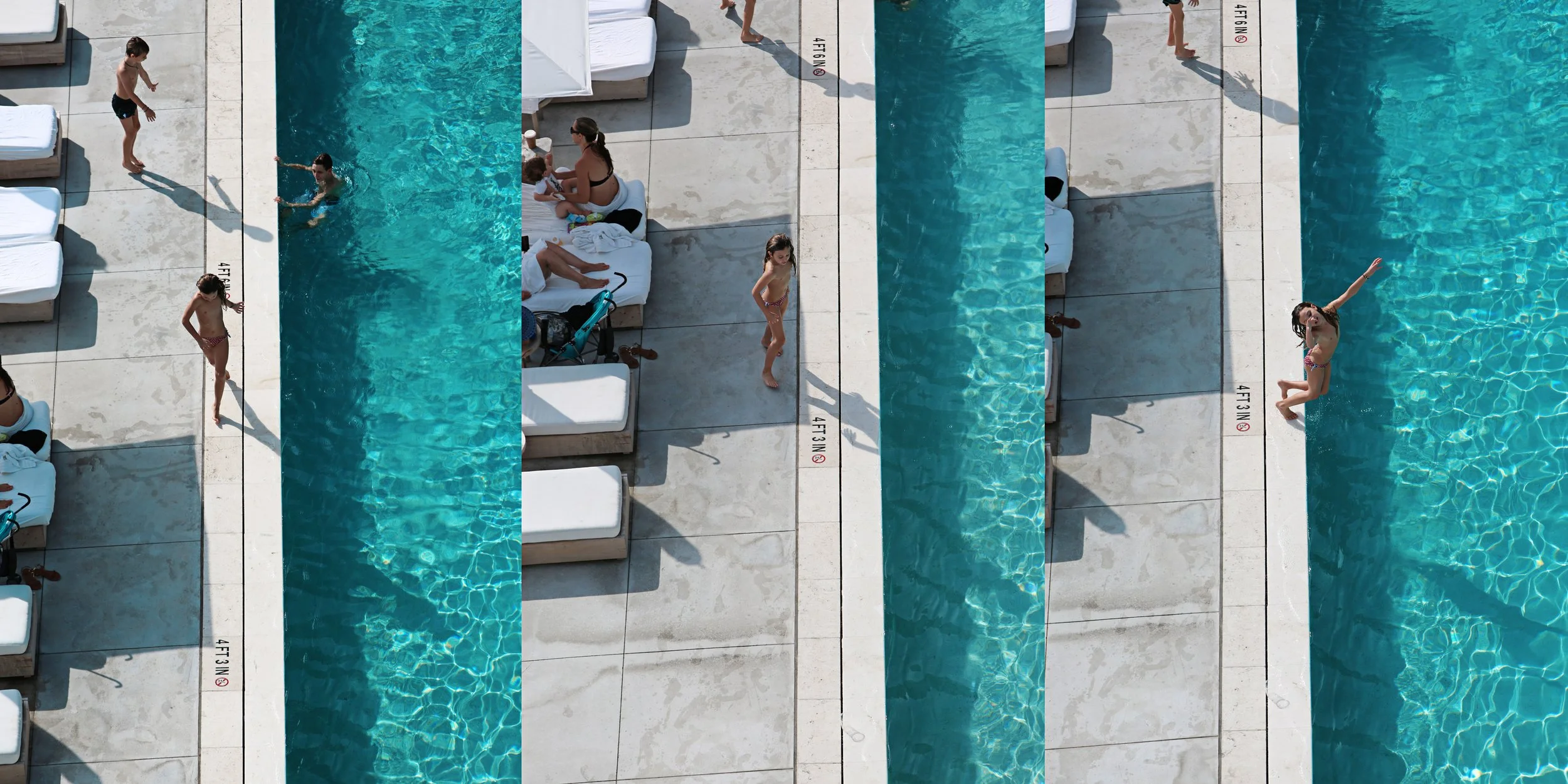 People enjoying a swimming pool, with children playing and adults relaxing on poolside loungers under sunlight.