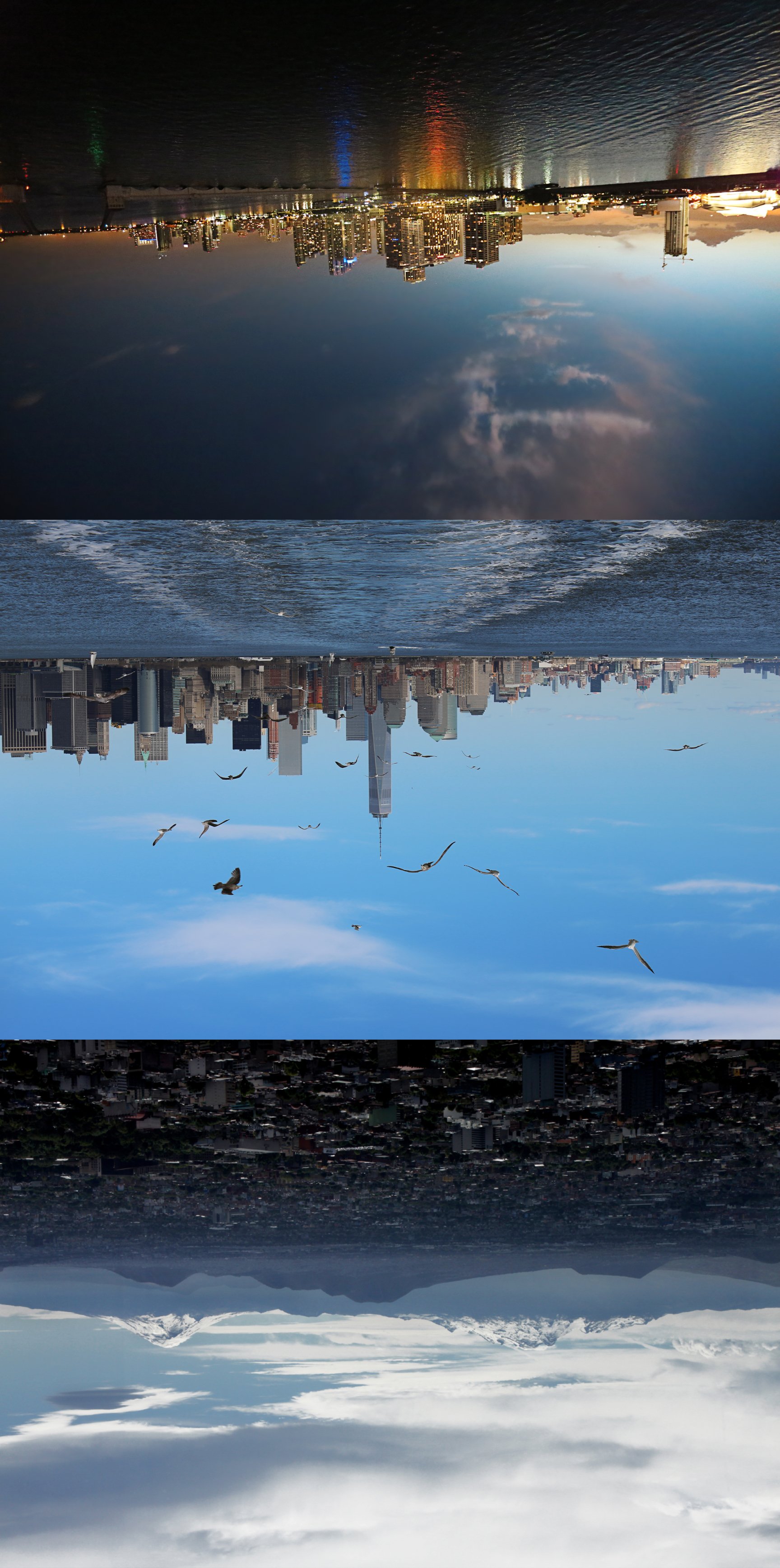 Upside-down city skyline with mountains in the background, featuring tall buildings, a body of water reflected on the sky and seagulls flying, with partly cloudy sky.