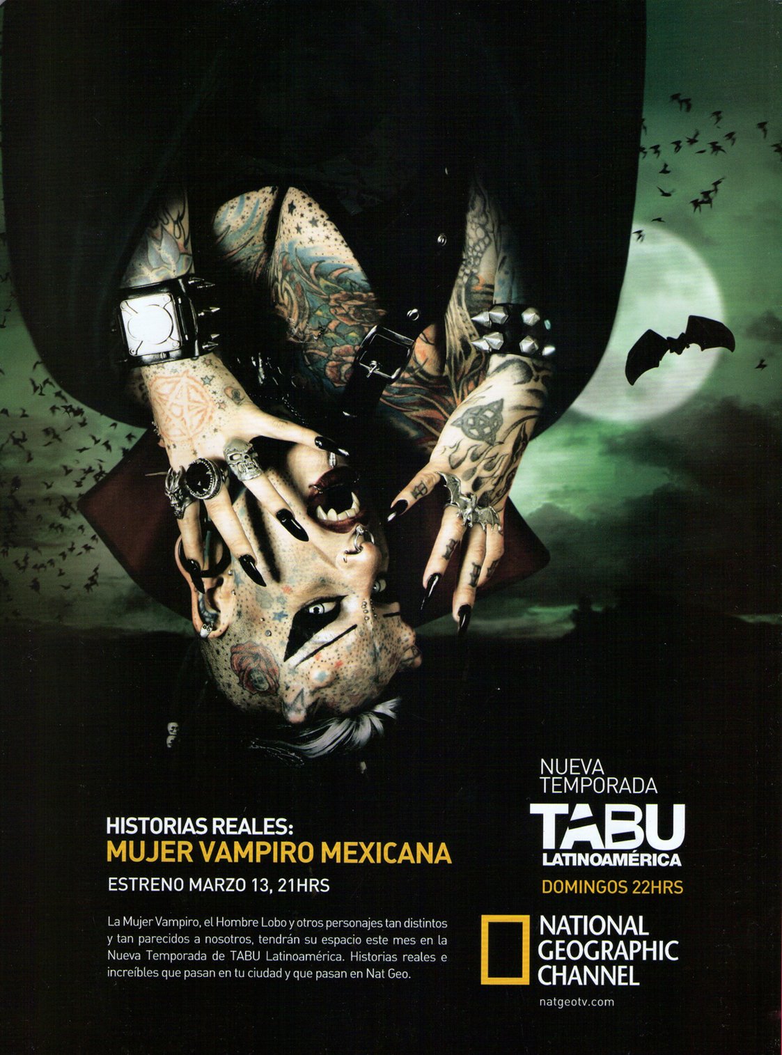 Promotional poster for the TV series 'Mujer Vampiro Mexicana' featuring a tattooed woman with gothic makeup, multiple rings, and long dark nails, against a Halloween-themed background with bats, a full moon, and ominous green sky.