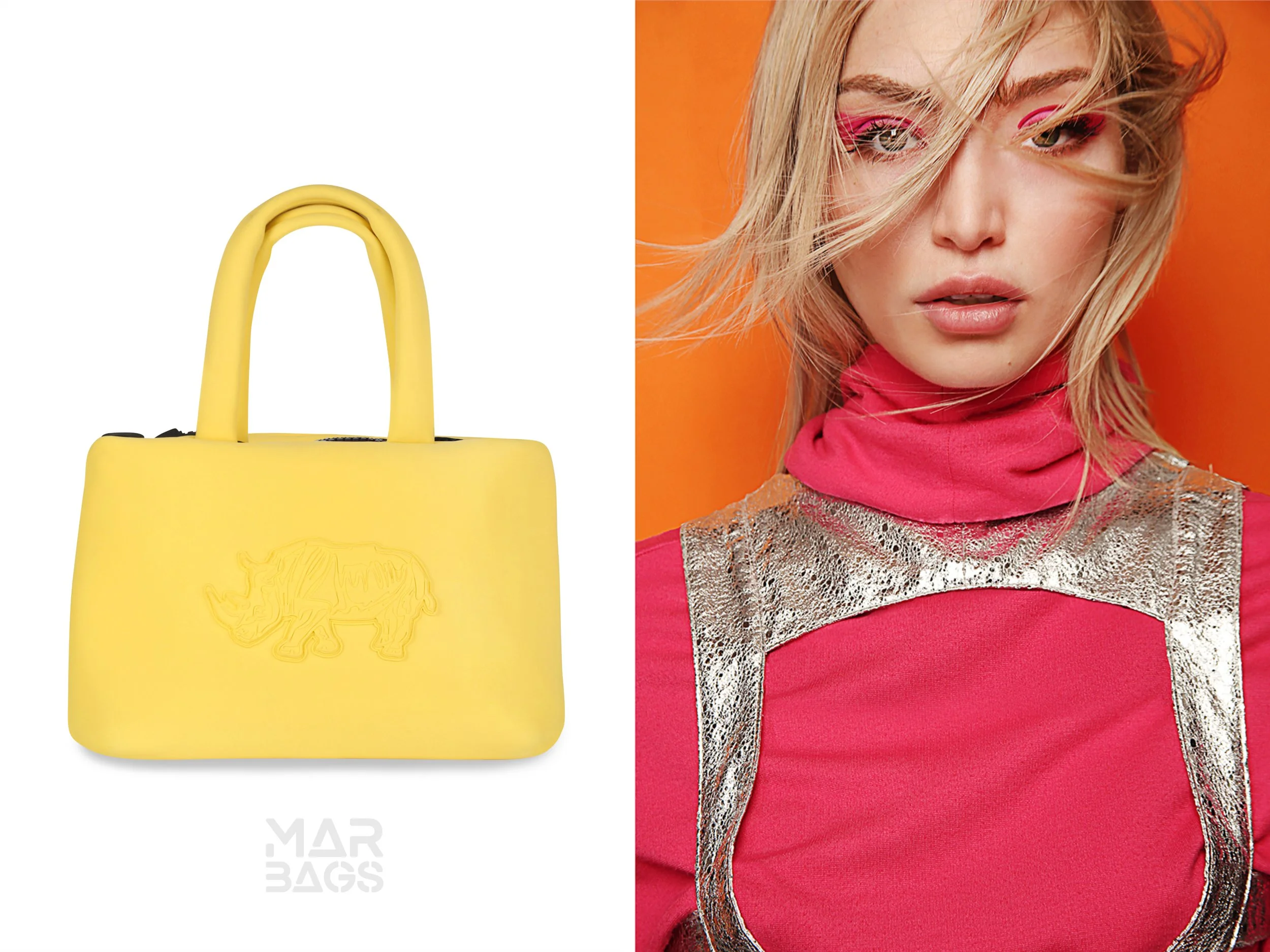 A yellow handbag with a lion engraved on its surface, shown on the left side of the image. A woman with blonde hair, pink eye makeup, and a pink shirt with silver details is on the right side, set against an orange background.