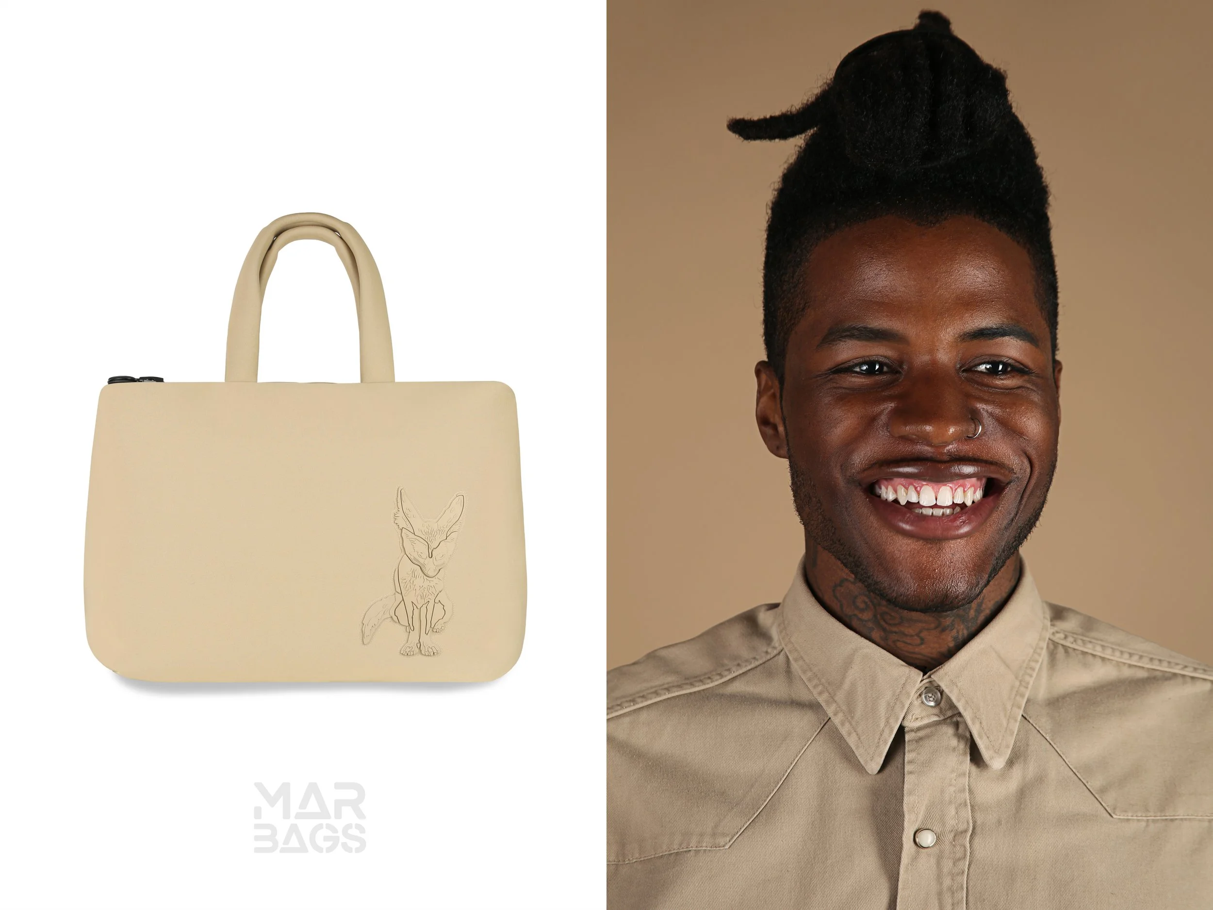 A beige tote bag with a line drawing of a fox's head on it, positioned next to a smiling person with short dark hair styled in dreadlocks, wearing a beige button-up shirt.