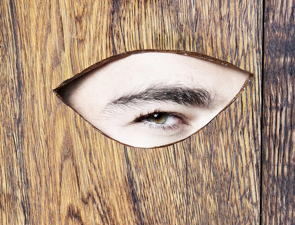 A human eye looking through a tear in a wooden board.