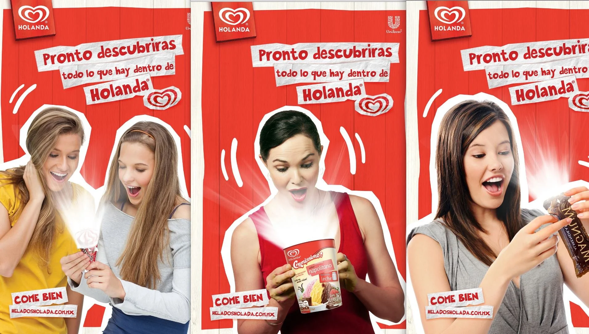 Three women excitedly opening or examining ice cream and snack packages in front of a red background with the Holanda/Ice Cream Heart logo and the slogan "Pronto descubriras todo lo que hay dentro de Holanda".