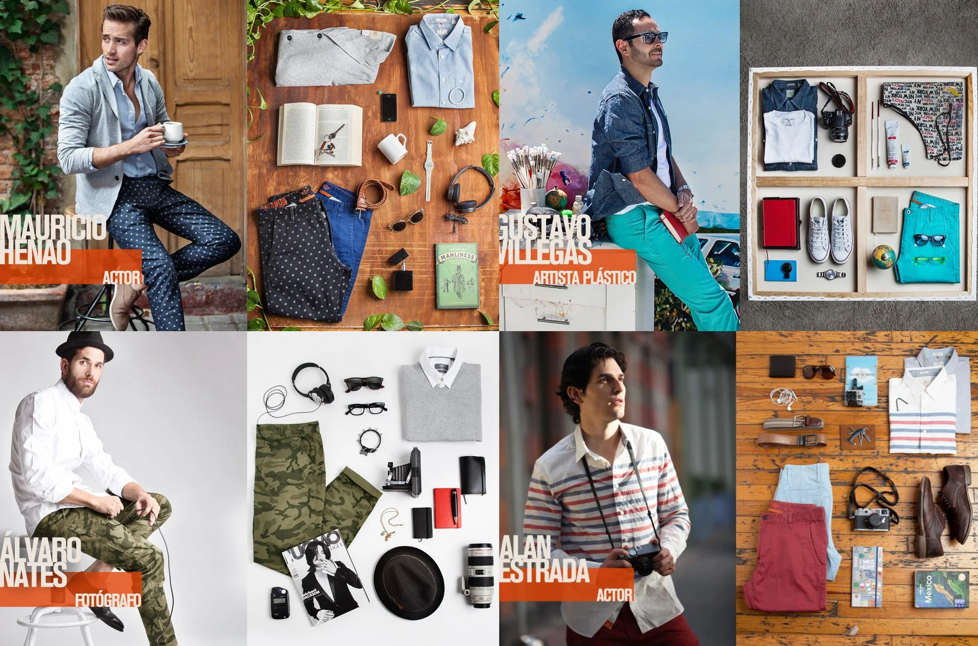 Collage of various men's fashion and lifestyle items with images of men, including clothing, accessories, and photography equipment, some with names and professions labeled.