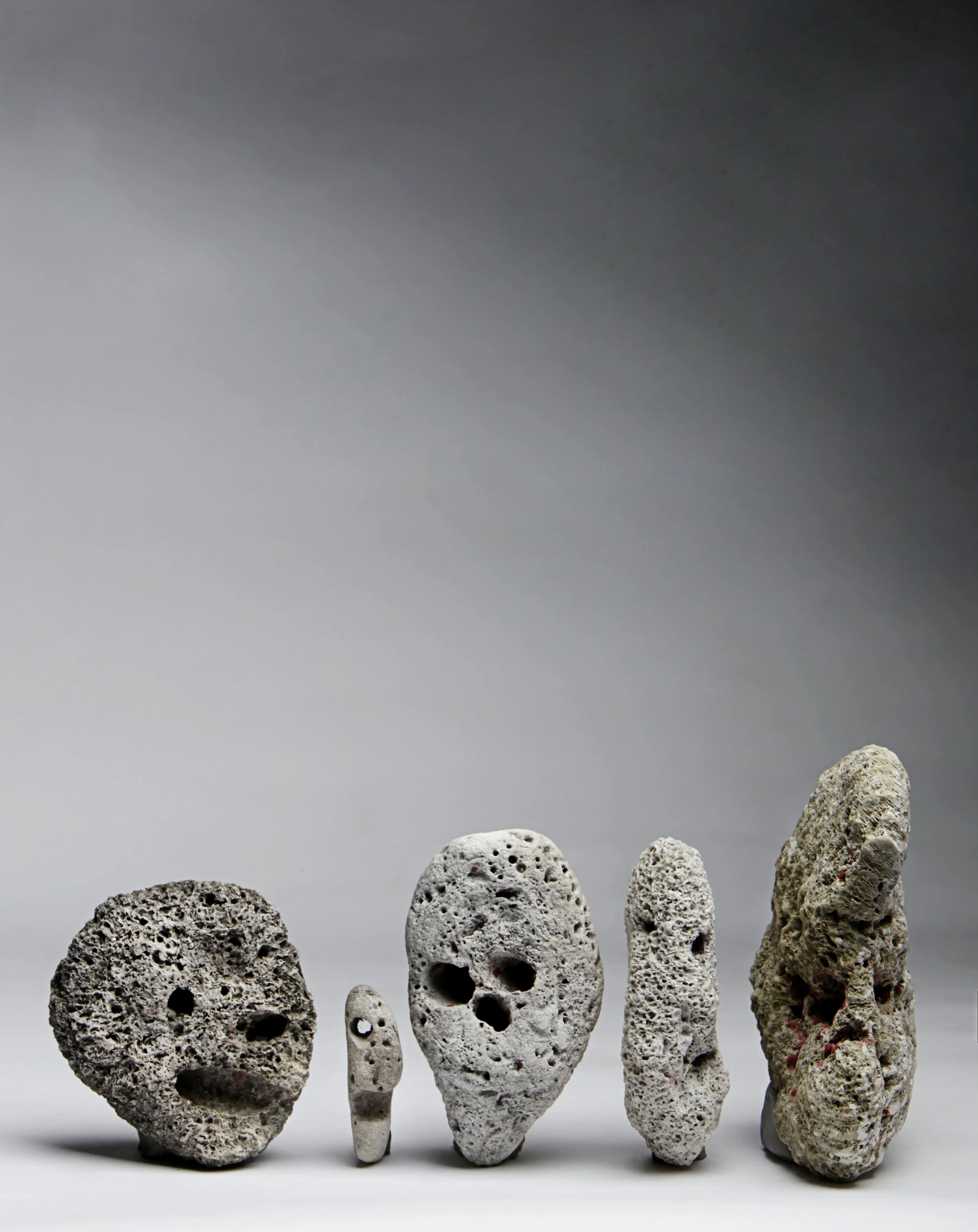 Seven volcanic or pumice stones with holes, varying in size and shape, arranged in a row against a plain background.