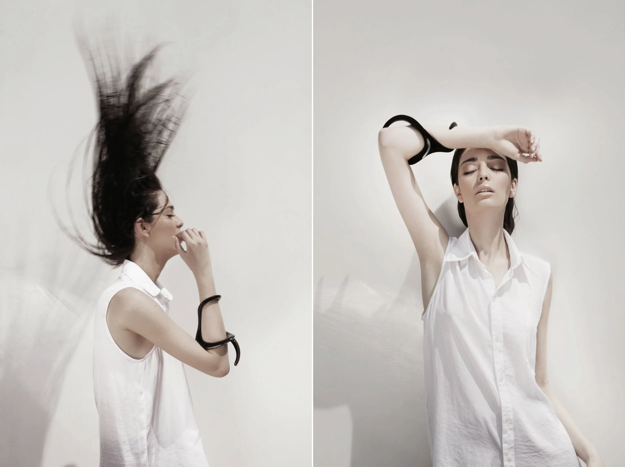 A woman with dark hair wearing a white sleeveless top, seen in two poses against a plain light background. In the left pose, her head is tilted downward with her hair flying upward, and in the right pose, she has her eyes closed, with her arm raised 