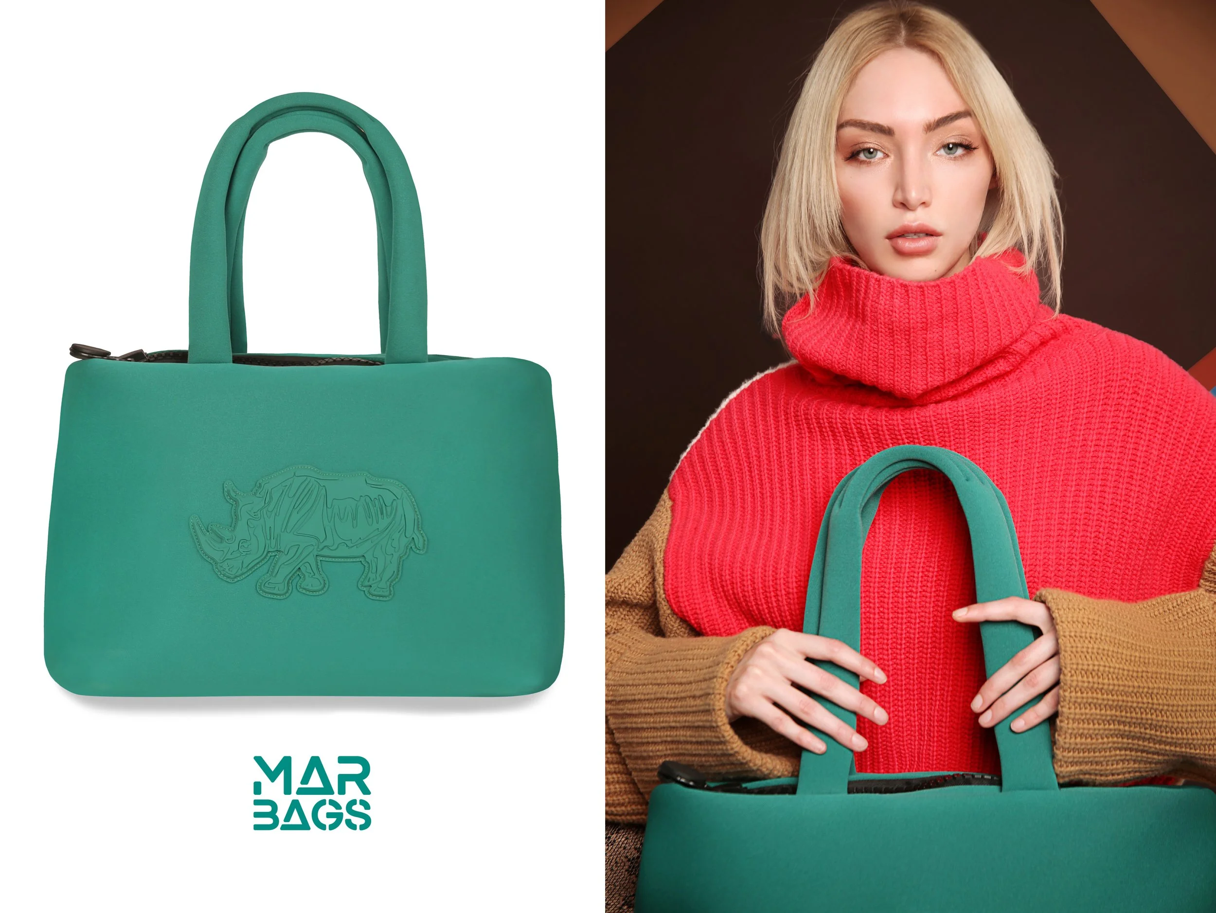 A woman with blonde hair wearing a red sweater and brown sweater holding a teal handbag and teal headphones, with a brown background.
