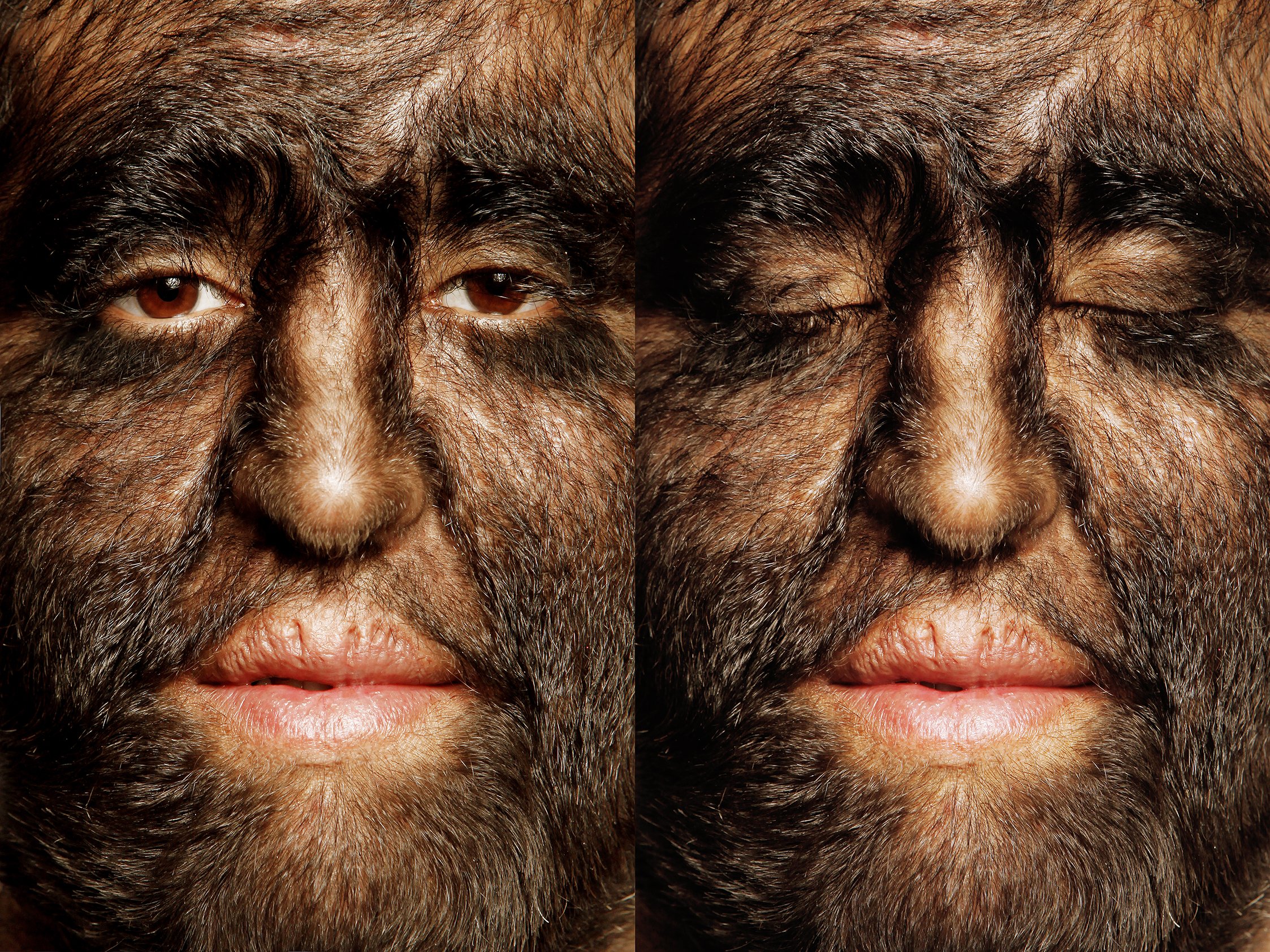 Close-up of a man's face showing his eyes, nose, and mouth, with a full beard and mustache, and textured skin.