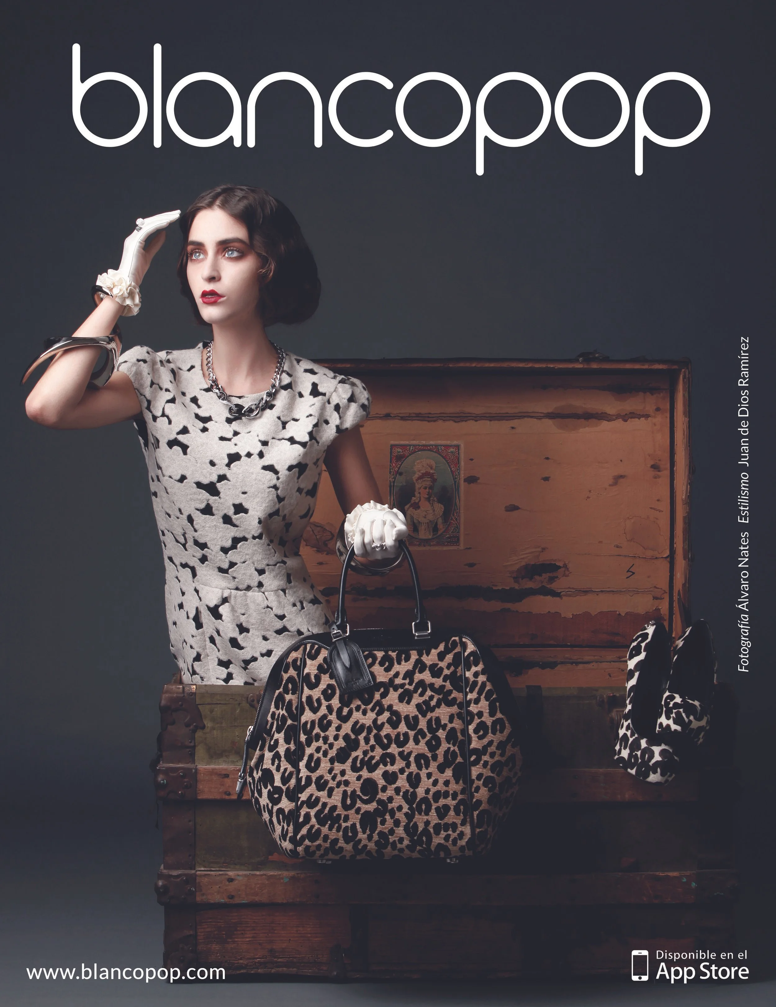 A woman wearing a leopard print dress, white gloves, and jewelry, standing in front of a vintage wooden chest with an art print on it. The background has the word 'blancopop' and website credit at the bottom.
