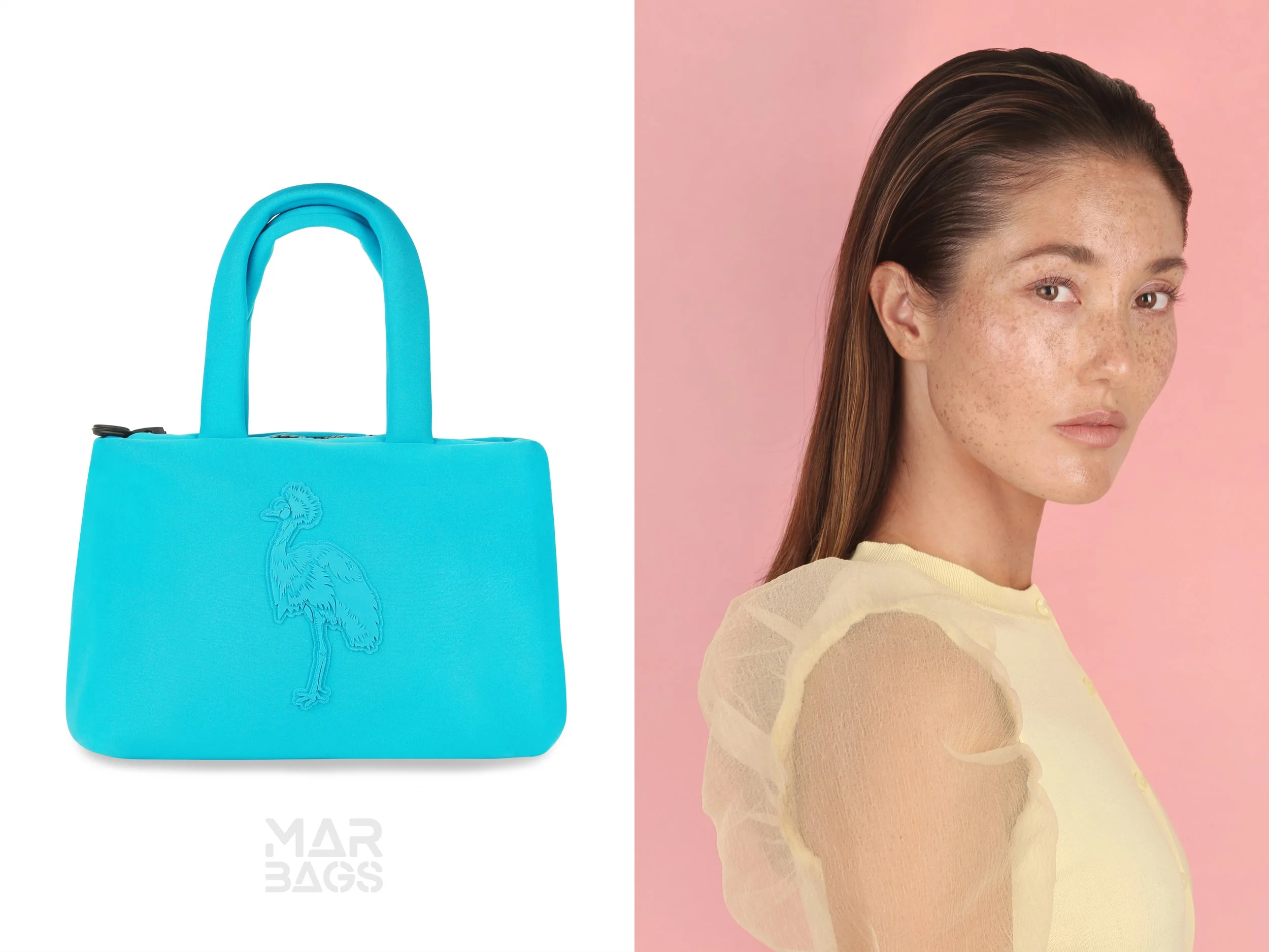 The image is split into two parts. The left side shows a close-up of a bright blue tote bag with a flamingo embossed on it. The right side features a portrait of a young woman with clear, freckled skin and long brown hair, looking at the camera again
