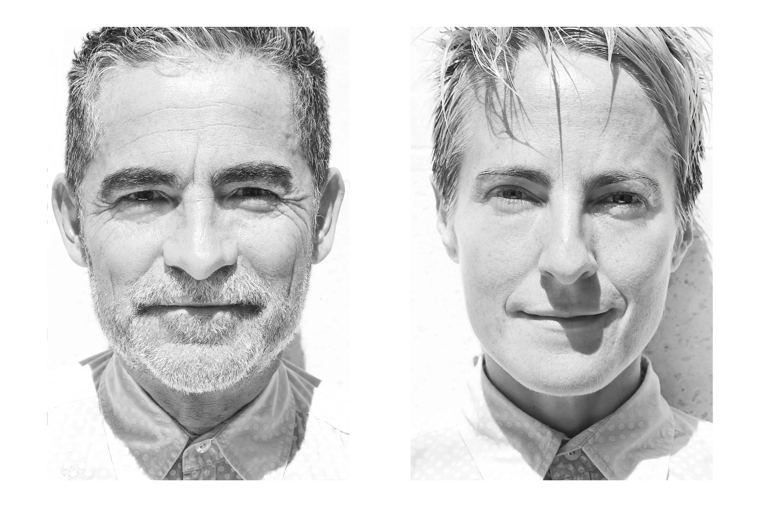 Comparison of two black-and-white close-up portraits of people with different ages, one older man with a beard on the left and a younger woman with short hair on the right.