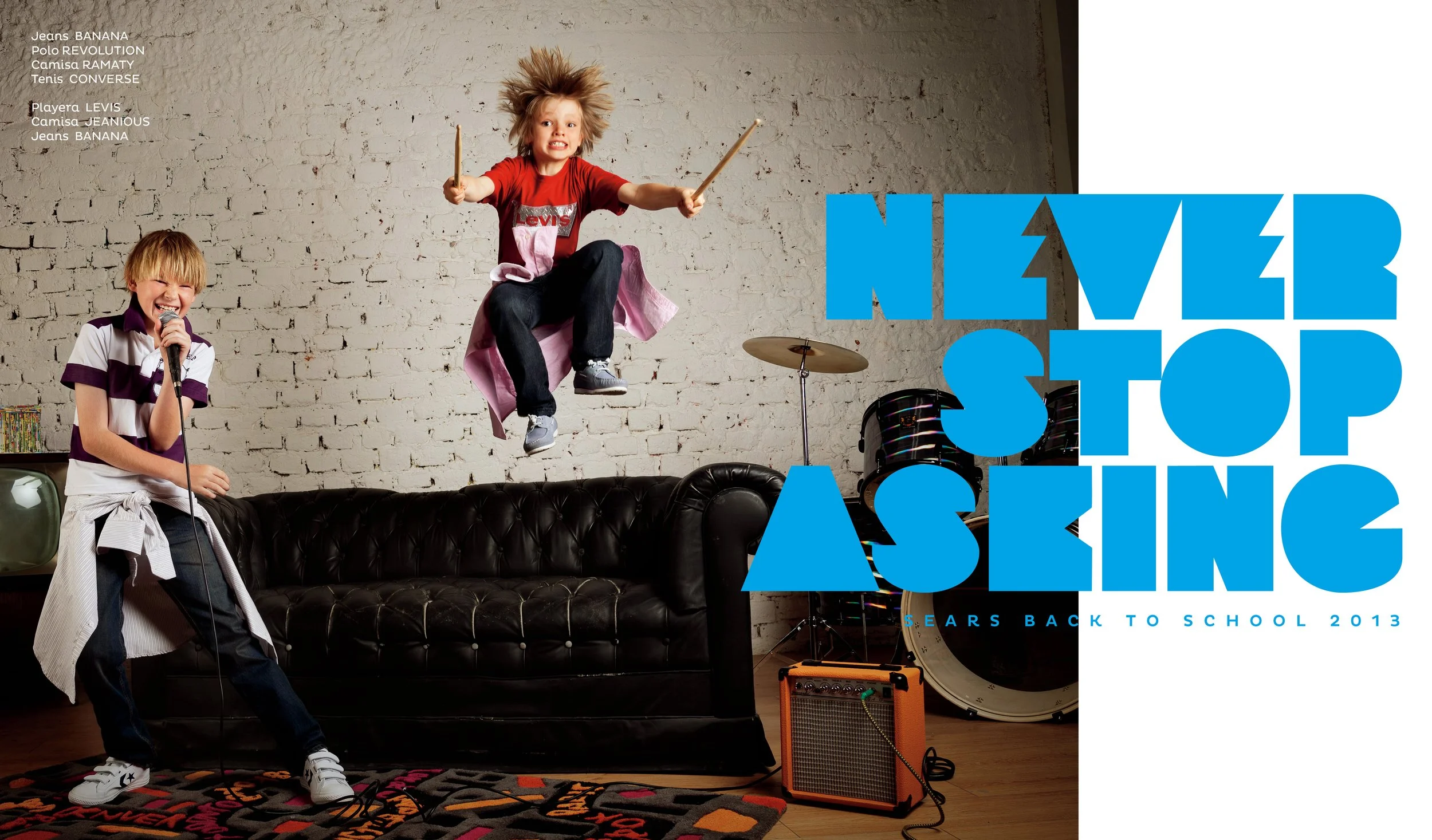 Two young children playing with musical instruments in a room with a brick wall. One child is singing into a microphone, and the other is jumping on a sofa holding drumsticks. The room has drums, an amplifier, and colorful text overlays with event de