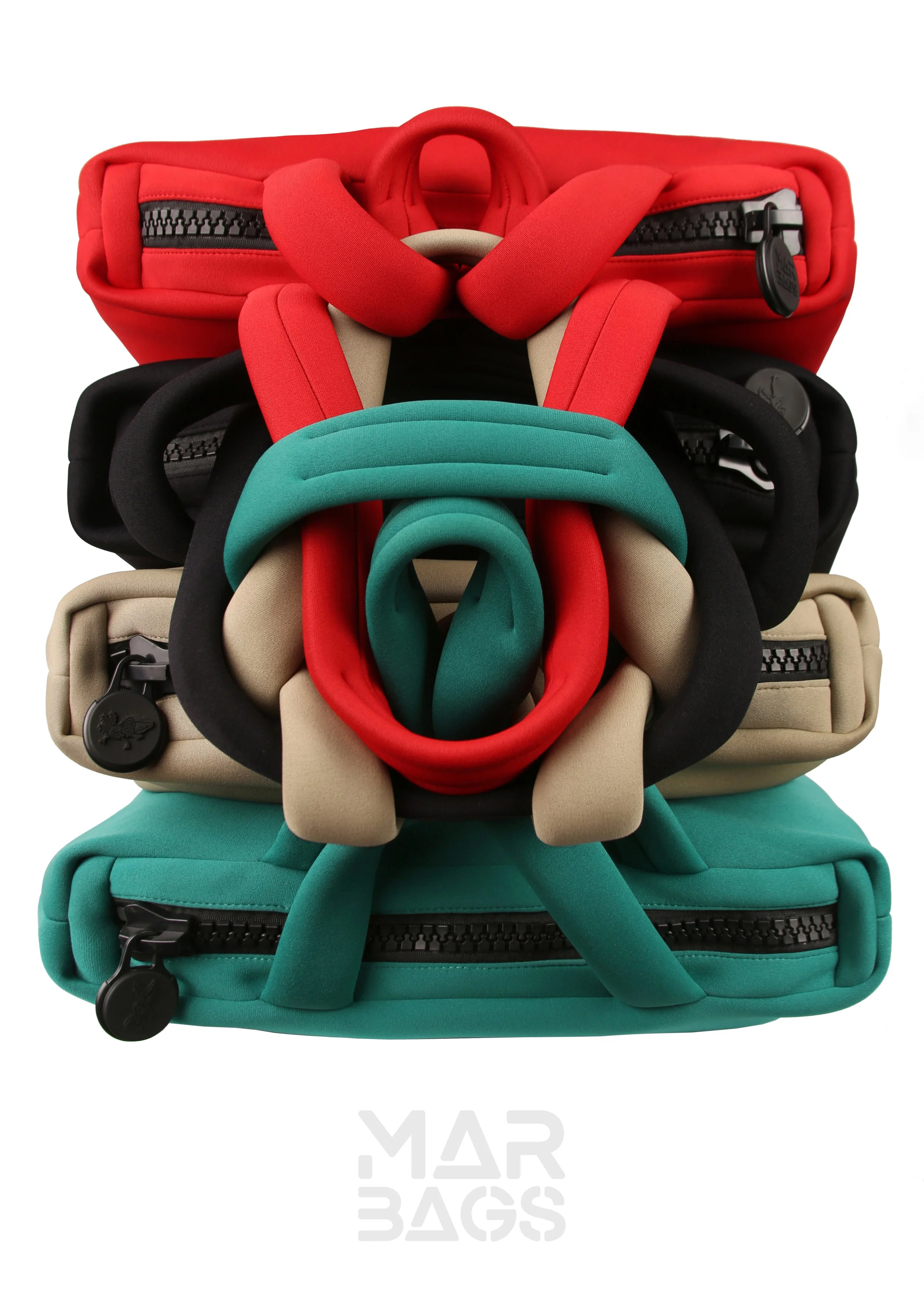 Stacked padded backpacks in red, black, beige, and teal with zippers and tags, arranged in a layered pattern.