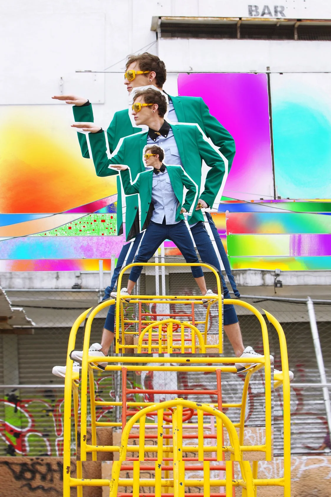 Four individuals standing on a yellow playground structure, dressed in teal jackets, white shirts, and sunglasses, with a colorful mural and graffiti in the background.